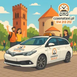 Ilustracja: biała taksówka na tle miejskiego krajobrazu z uśmiechniętymi pasażerami i zabytkowymi budowlami. Reklama firmy przewozowej z numerem telefonu.