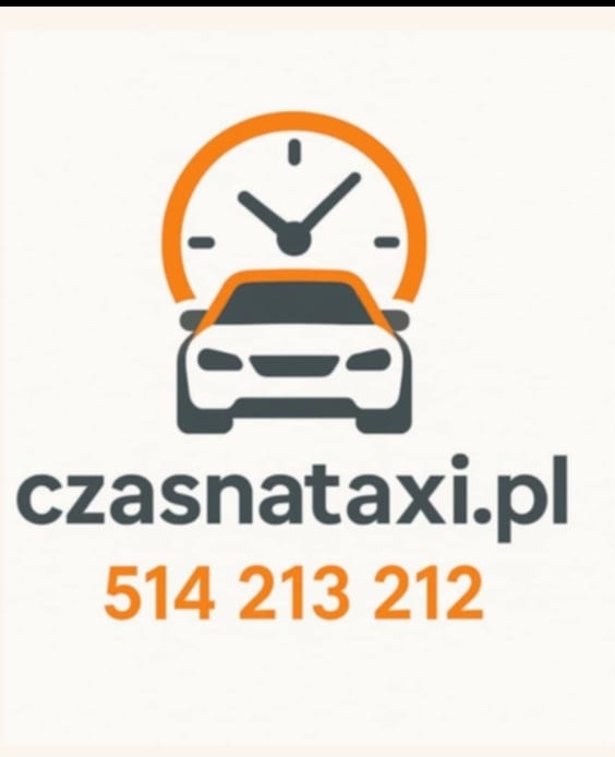 Grafika: logo firmy taksówkarskiej z pomarańczowym zegarem nad sylwetką auta, adres strony 'czasnatataxi.pl' i numer telefonu w kolorze pomarańczowym.