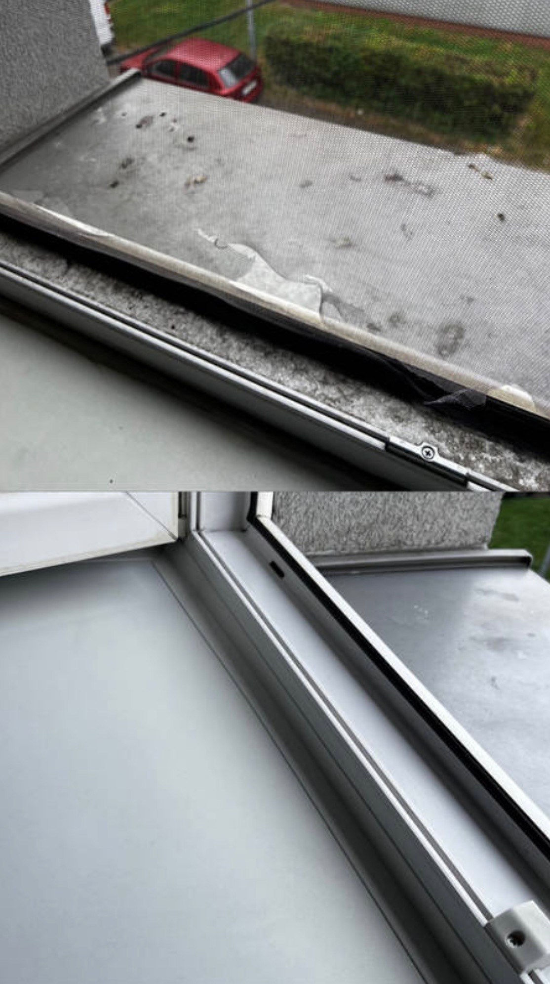 Zdjęcie okna przed i po umyciu, widoczne zabrudzenia na górnej części i czysta, błyszcząca powierzchnia na dolnej. Porównanie efektu czyszczenia ramy okiennej.