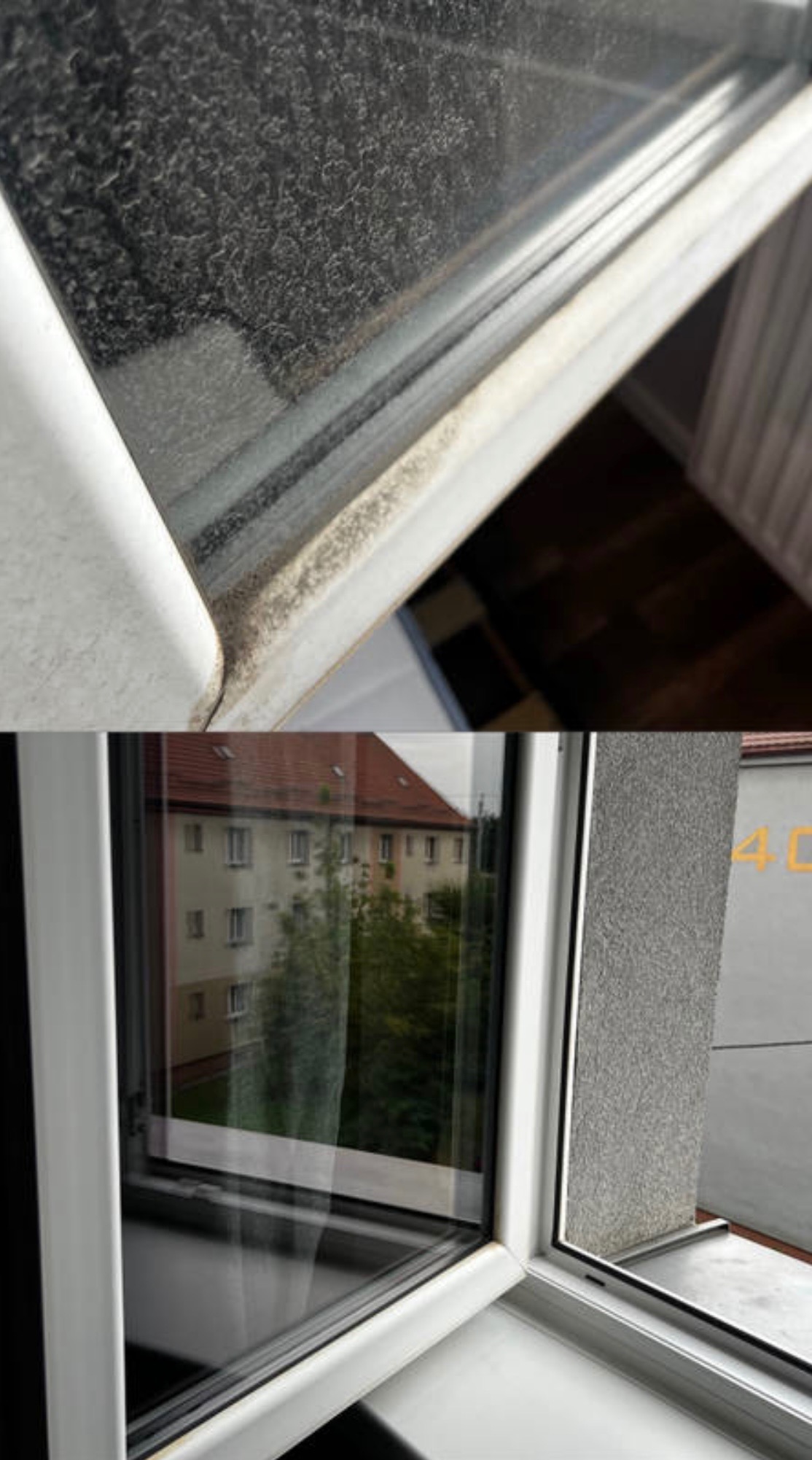 Zdjęcie okna PCV przed i po umyciu. Górna część szyby brudna, dolna czysta, z odbiciem budynku. Widoczna rama okienna i parapet.