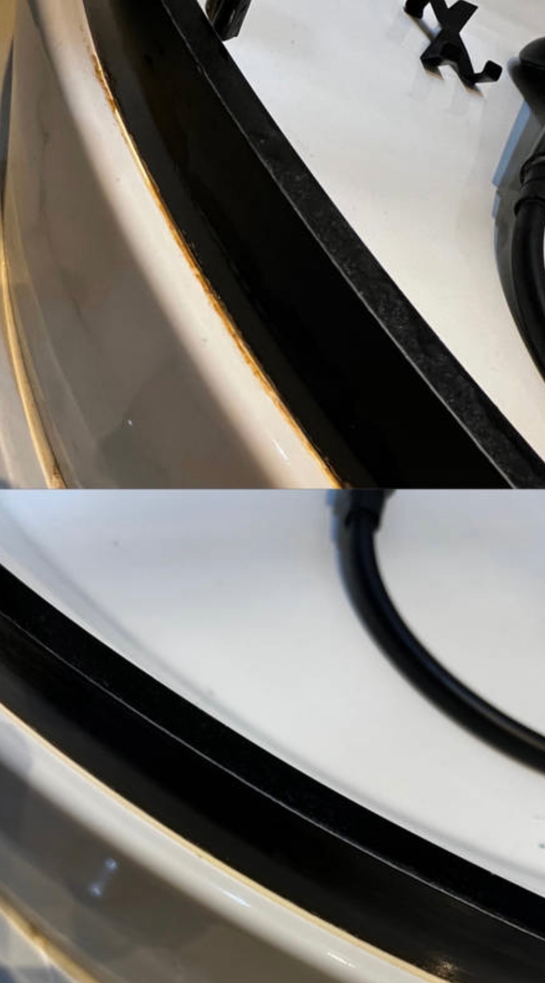 Zdjęcie 'przed i po' przedstawia fragment okna z widocznym brudem i pleśnią przed czyszczeniem, a następnie ten sam fragment po dokładnym umyciu i usunięciu zabrudzeń.