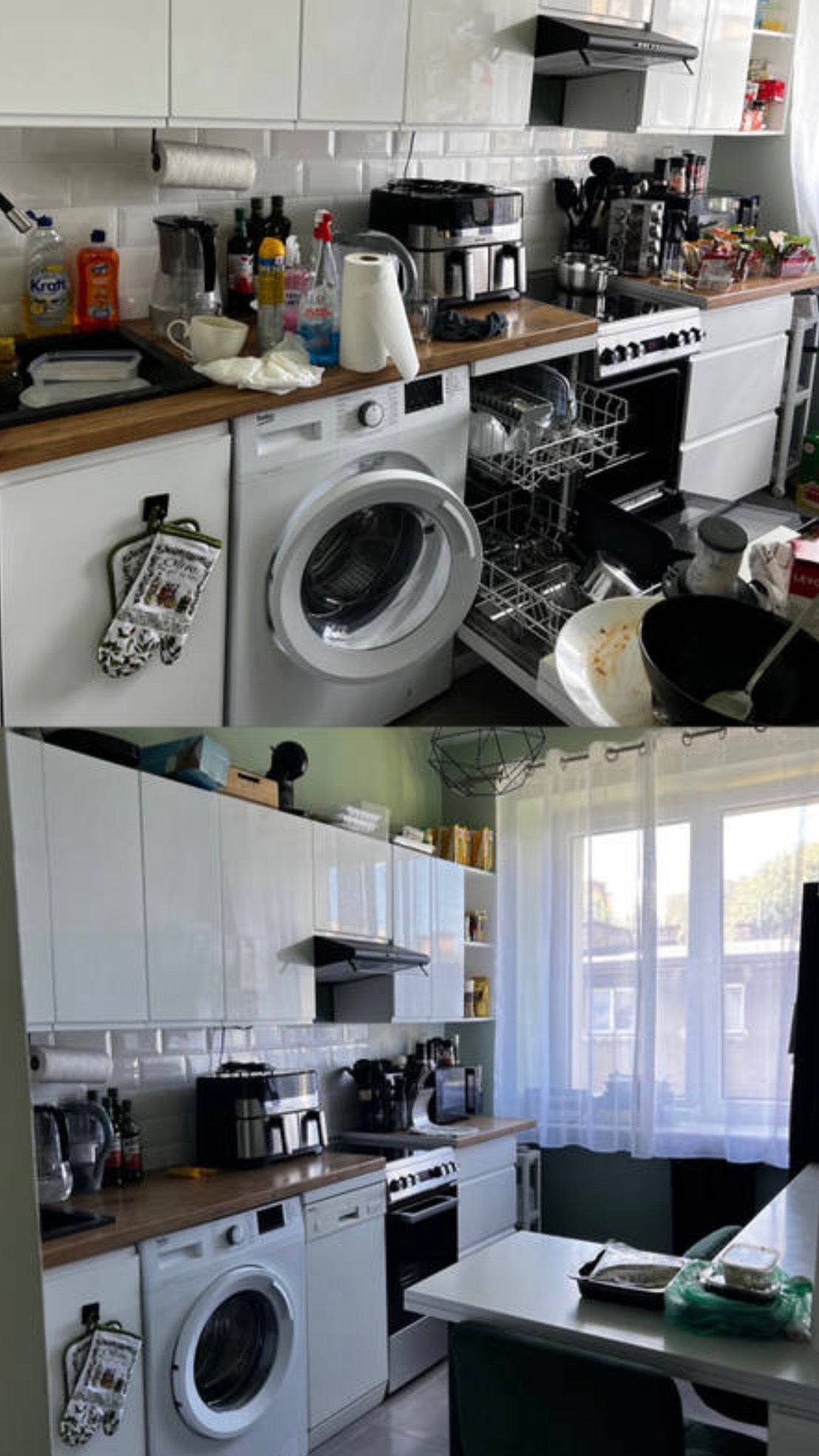 Zdjęcie 'przed i po' przedstawia białą kuchnię: w górnej części bałagan na blacie, w dolnej - uporządkowana przestrzeń z oknem i stołem.