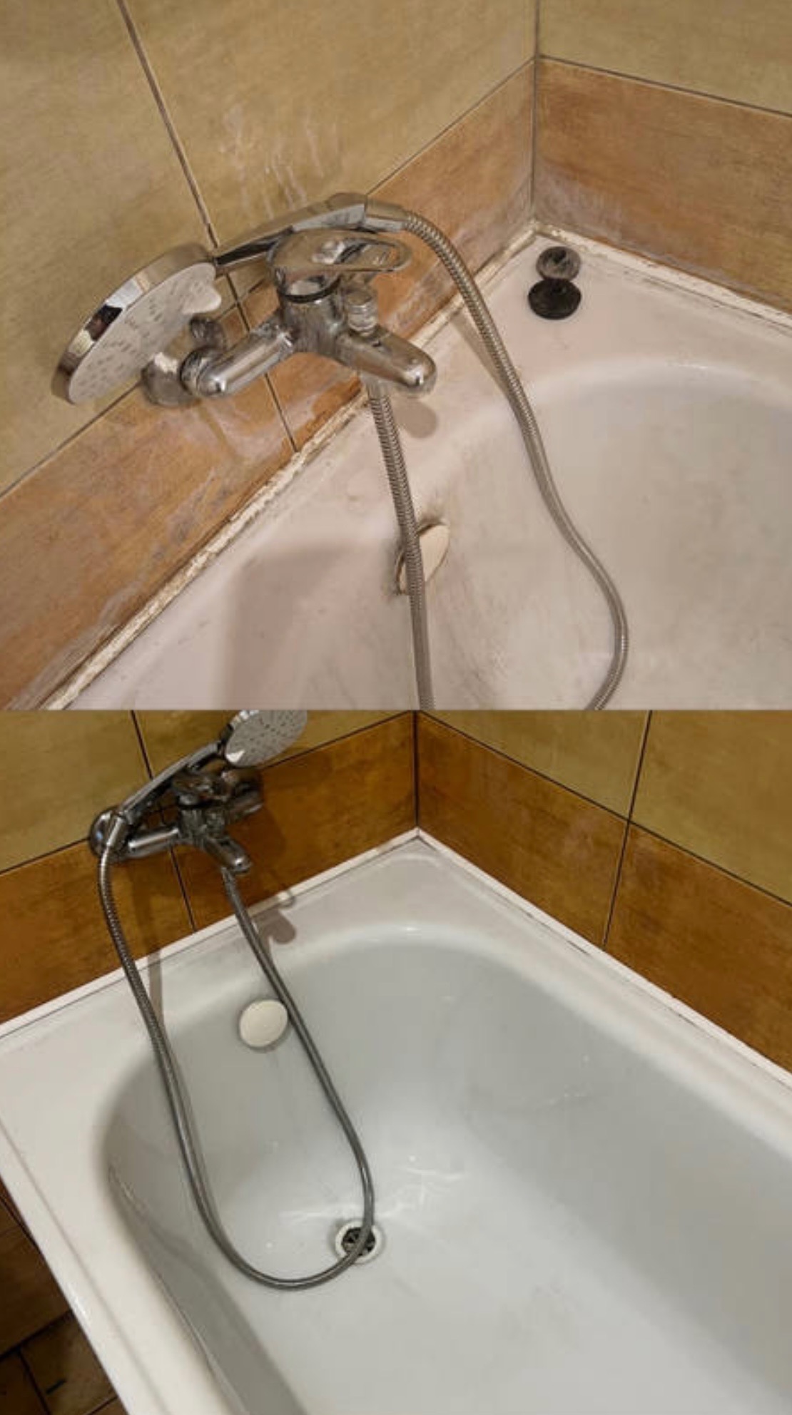 Zdjęcie przed i po czyszczeniu wanny z widocznymi zabrudzeniami i osadami na fugach, po prawej stronie czysta wanna i fugi.