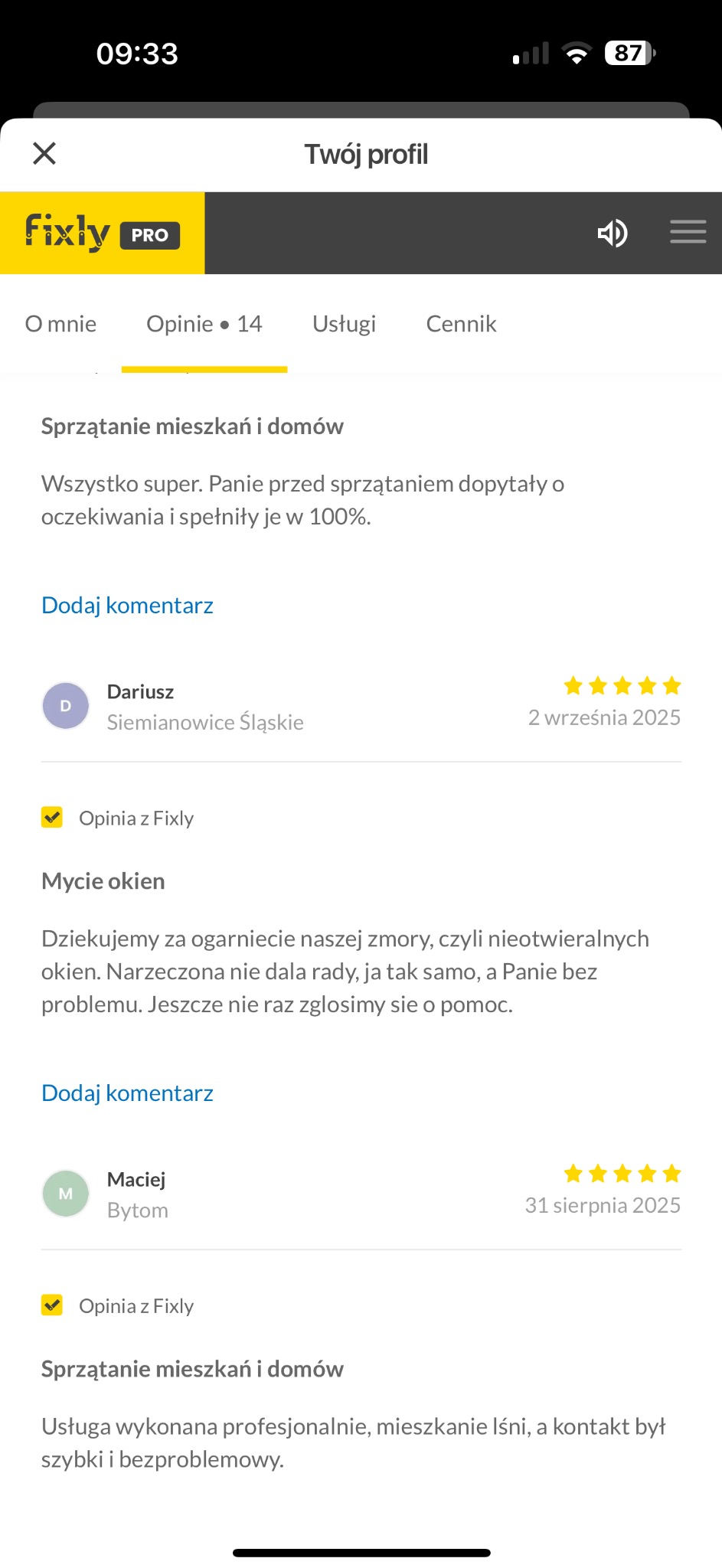 Opinie klientów o firmie sprzątającej Fixly PRO, zadowoleni klienci chwalą sprzątanie mieszkań i mycie okien, wysokie oceny, pozytywne komentarze.