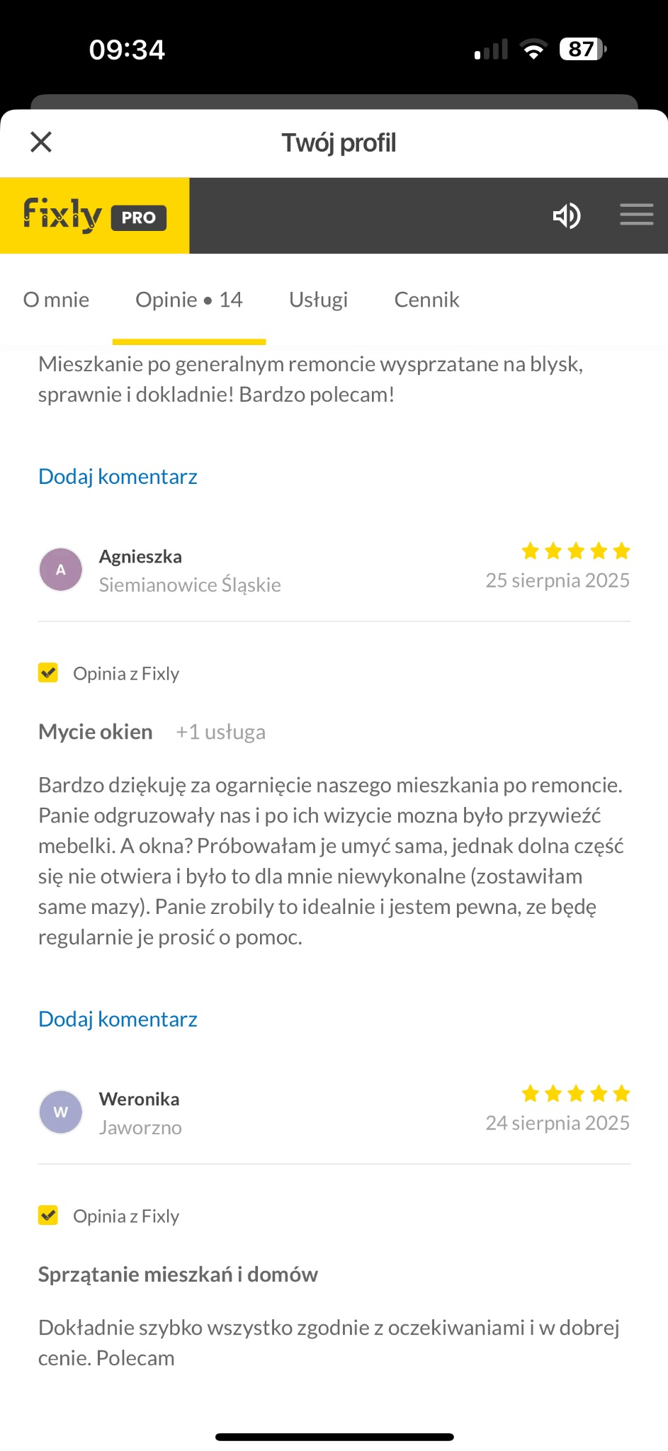 Opinie klientów o usłudze sprzątania i mycia okien, zadowolenie z efektu po remoncie, rekomendacja firmy Fixly Pro, oceny 5-gwiazdkowe.