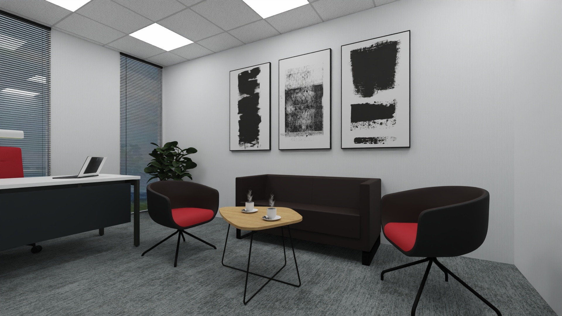 Nowoczesne biuro z minimalistycznym wystrojem: biurko z laptopem, sofa, stolik kawowy z filiżankami i abstrakcyjne obrazy na ścianie. Stonowana kolorystyka, rolety w oknach.