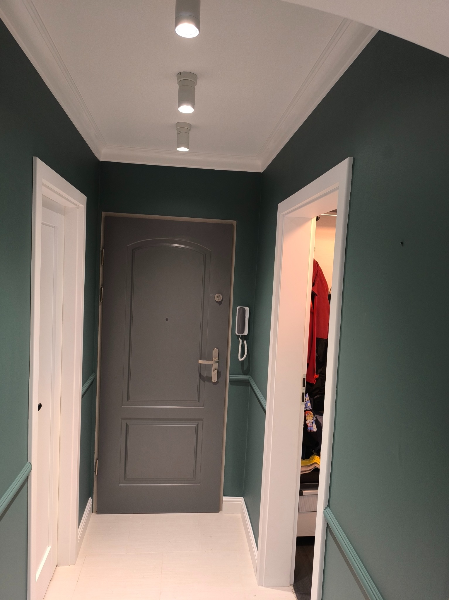 Korytarz w odcieniach zieleni z szarą, elegancką stolarką drzwiową i białymi listwami przypodłogowymi. Oświetlenie punktowe sufitowe. Widok na otwarte drzwi do garderoby.