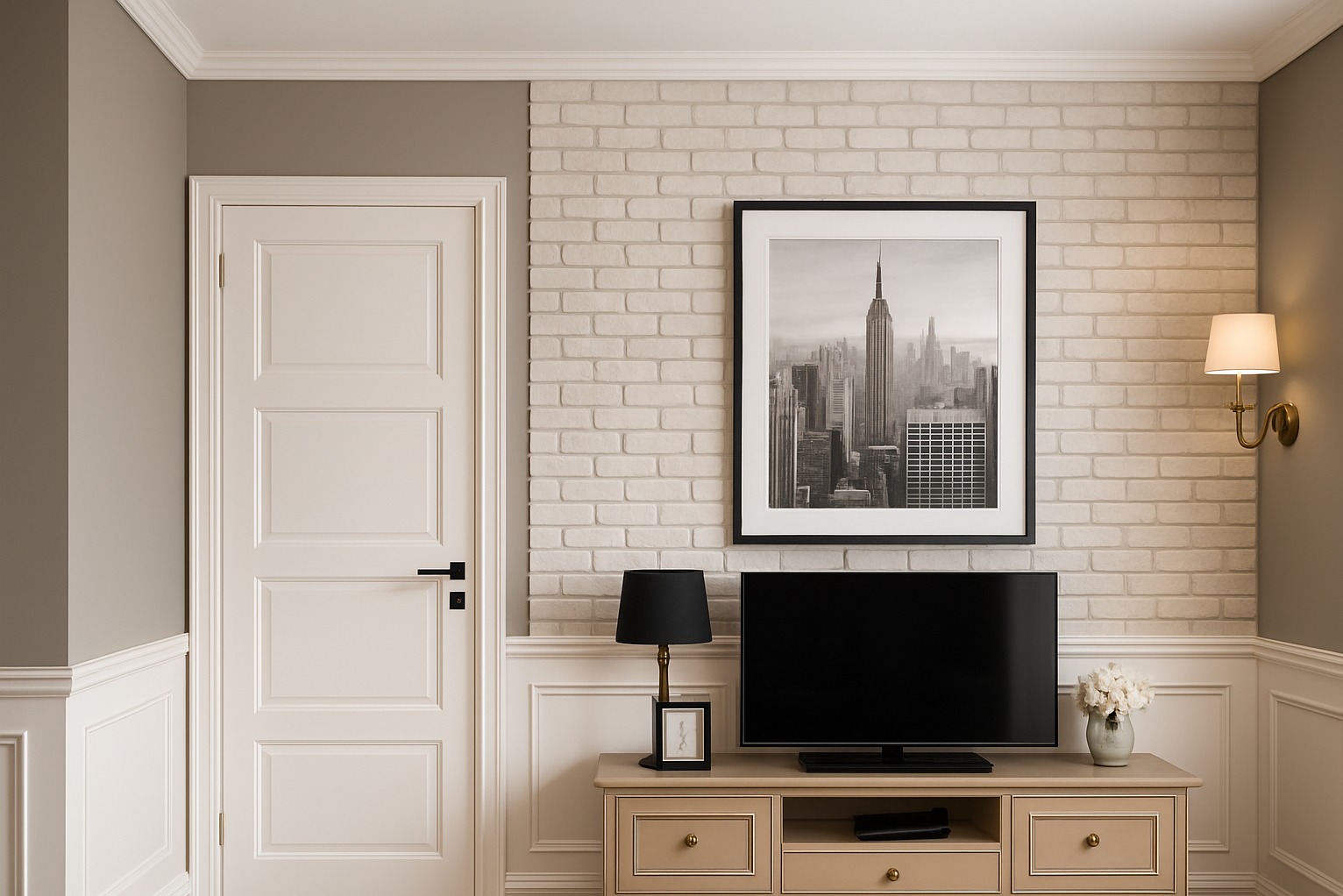 Eleganckie wnętrze: białe drzwi z czarną klamką, ściana z cegły, obraz z panoramą miasta i szafka RTV z lampką. Klasyczny design z nowoczesnymi akcentami.