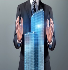 Mężczyzna w garniturze prezentuje wizualizację nowoczesnego biurowca, symbolizując zarządzanie i dbałość o czystość w przestrzeni komercyjnej.