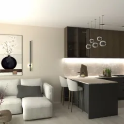 Eleganckie wnętrze: szara kuchnia z wyspą i białymi hokerami, jasna sofa z poduszkami, obraz z wazonem i kwiatami, nowoczesne oświetlenie.