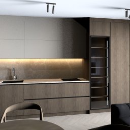KoNo Interiors Kamila Konopka - Nowoczesna kuchnia z drewnianymi szafkami, podświetlanym blatem i czarnym piekarnikiem w zabudowie. Minimalistyczny design z elementami szarości i czerni.