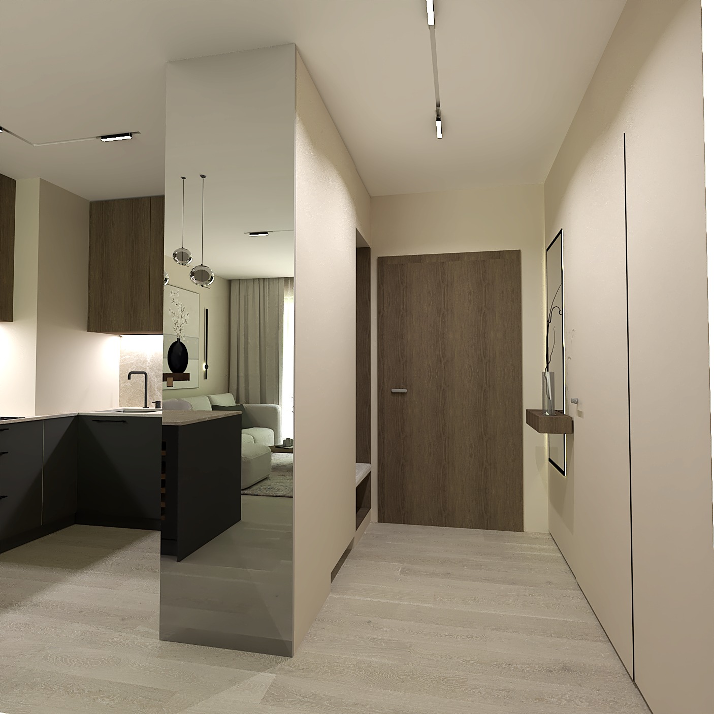 Wnętrze mieszkania z widokiem na kuchnię, salon i przedpokój. Minimalistyczny design, jasne kolory, drewniane akcenty. Nowoczesne oświetlenie.