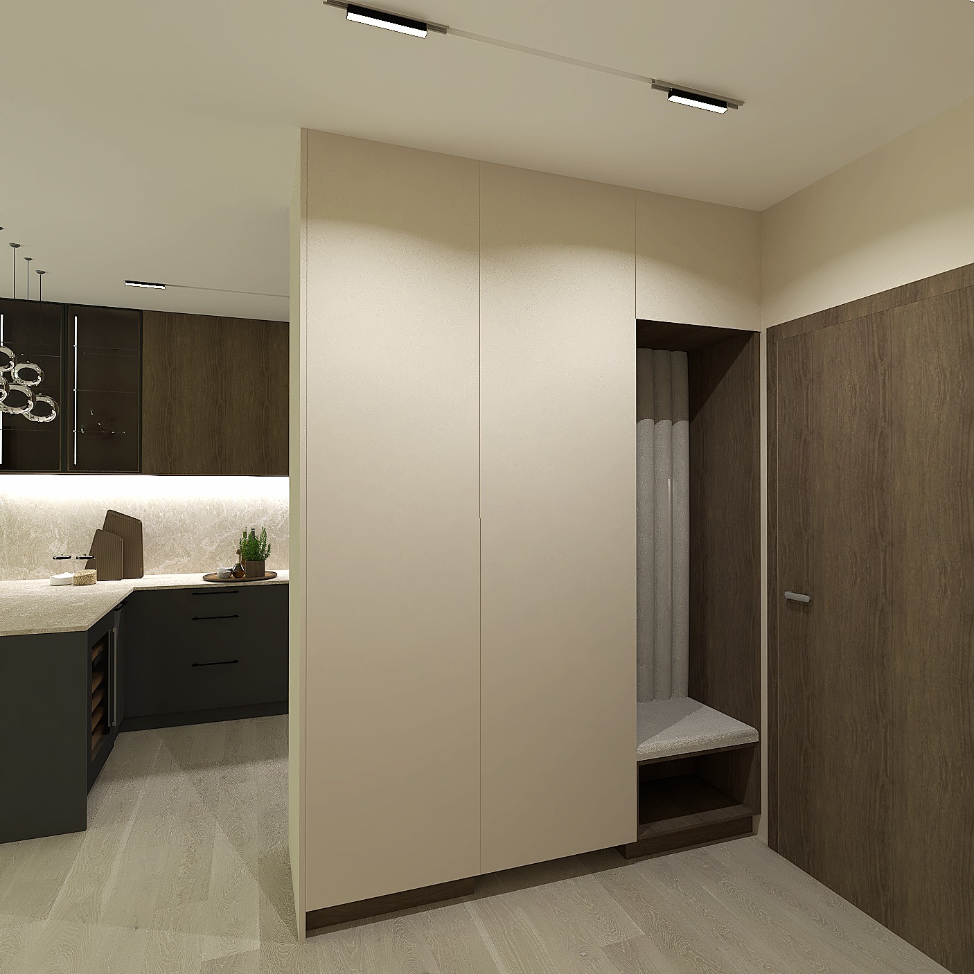 Nowoczesne wnętrze: beżowa szafa w zabudowie z siedziskiem i wieszakami, ciemne drewniane drzwi, fragment kuchni z oświetleniem LED. Minimalistyczny design.