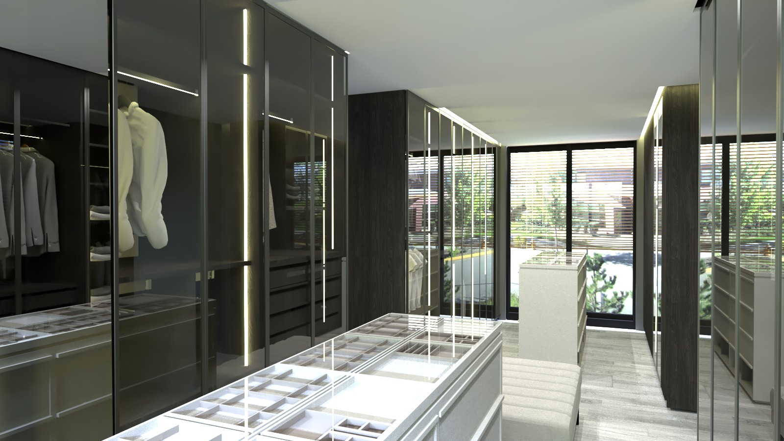 Nowoczesna garderoba z szarymi szafami, przeszklonymi frontami i oświetleniem LED. Widok na zewnątrz przez okno z żaluzjami.