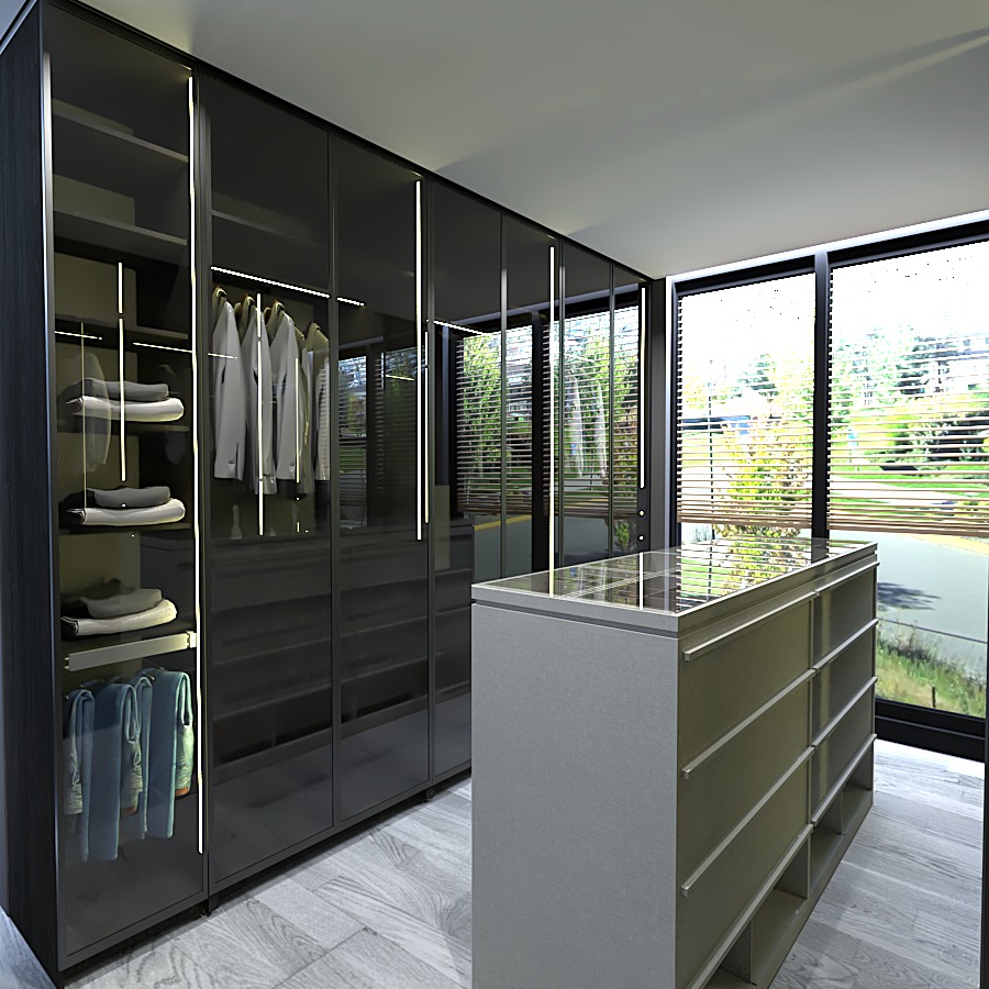Nowoczesna garderoba z czarnymi, przeszklonymi frontami, podświetleniem LED i wyspą na środku. Widok na zieleń za oknem.