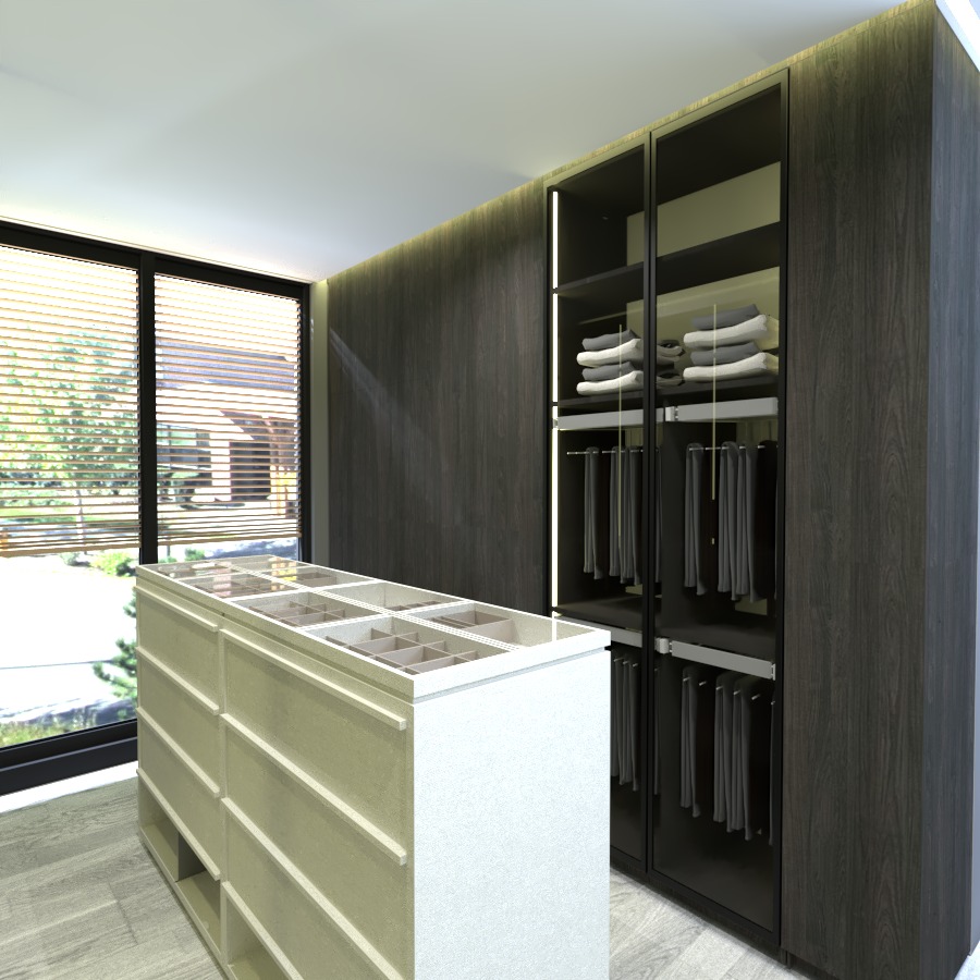 Nowoczesna garderoba z szufladami i przeszklonymi szafami wnękowymi, oświetlona listwami LED, z widokiem na zieleń za oknem.