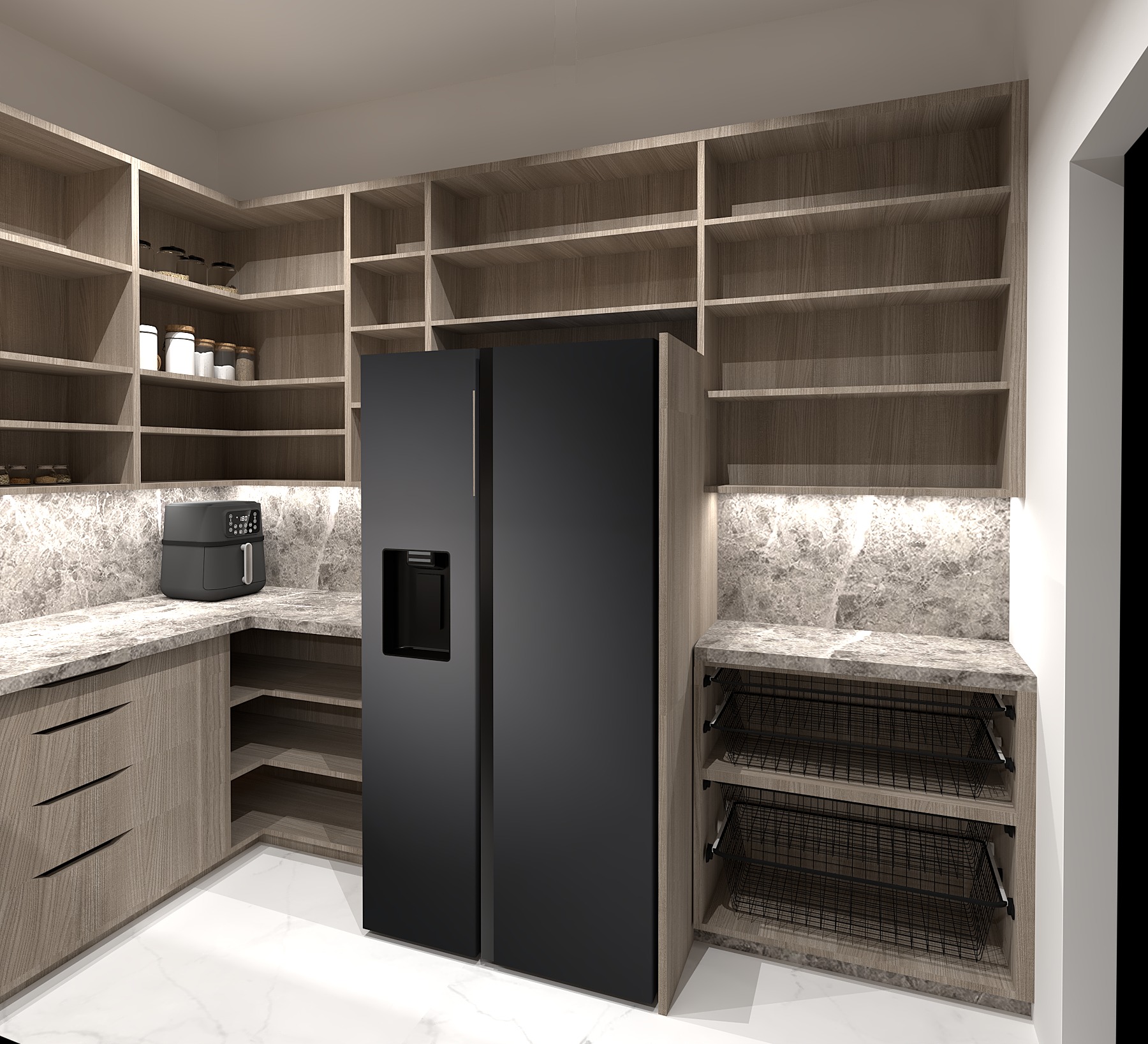 Wizualizacja kuchni z zabudową meblową w odcieniach drewna i czarną lodówką side-by-side. Marmurowy blat, półki i szuflady z koszami. Nowoczesny design.