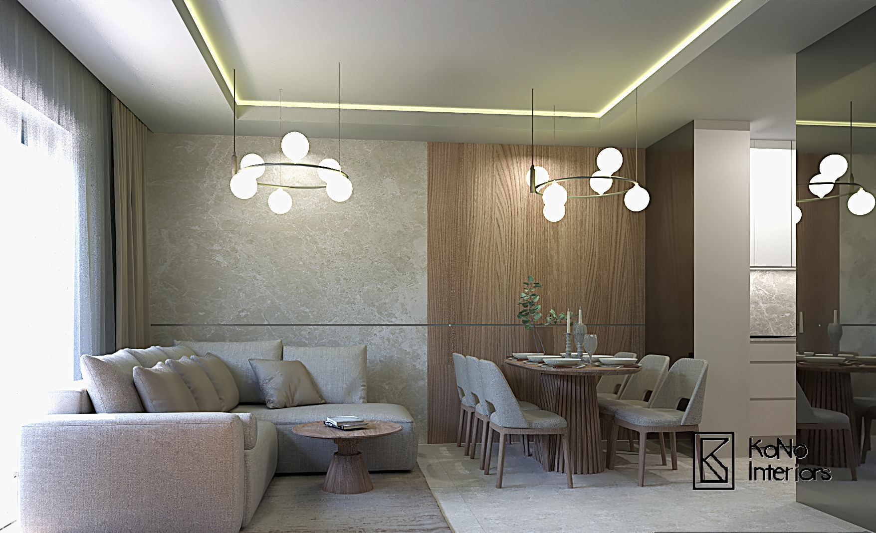 Elegancka aranżacja wnętrza: salon z sofą i jadalnia z okrągłym stołem, oświetlone nowoczesnymi lampami kulistymi. Ściany wykończone w drewnie i marmurze.