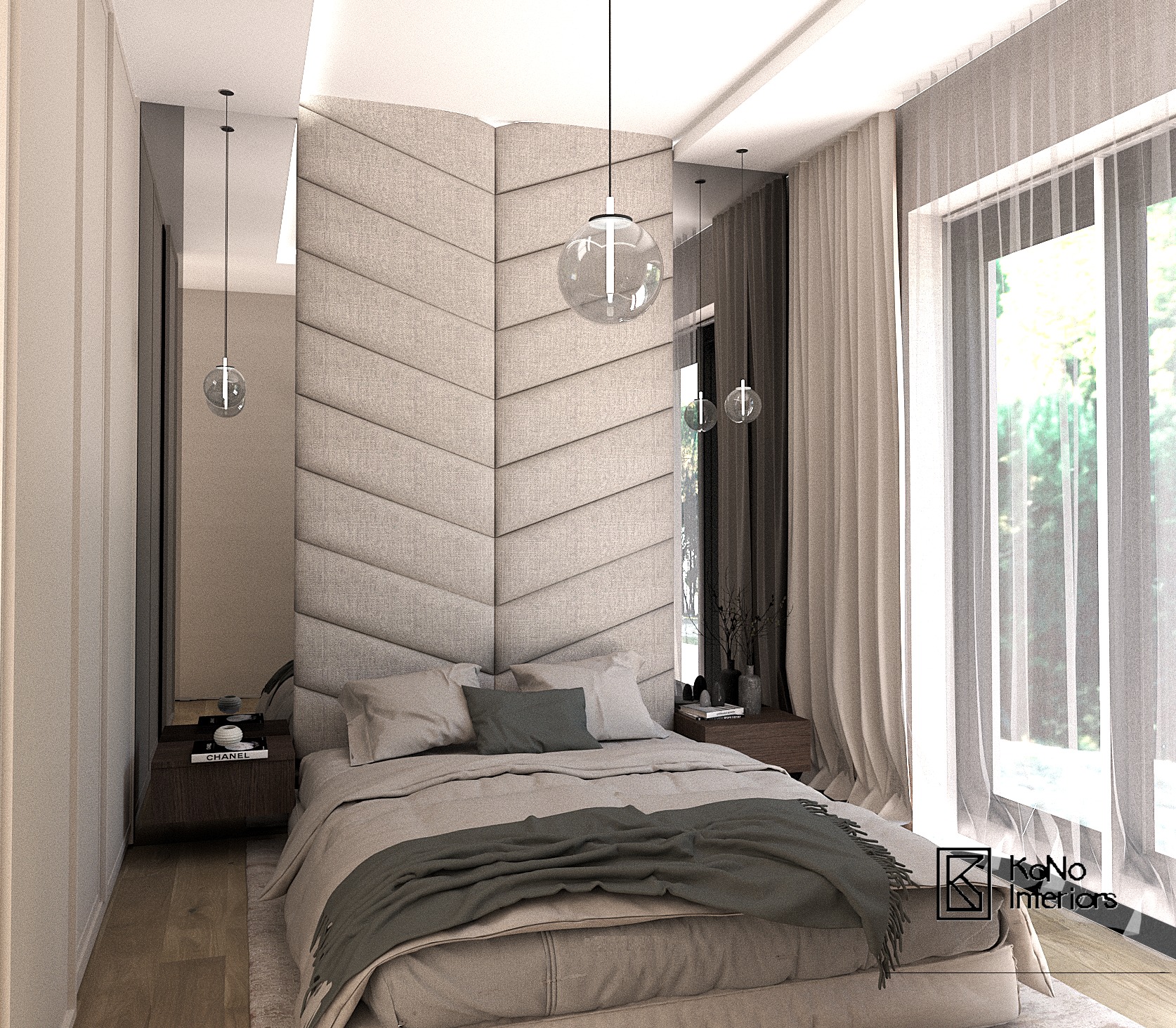 Beżowa sypialnia z tapicerowanym zagłówkiem w jodełkę, wiszącymi lampami kulami i zasłonami w oknie. Na szafce nocnej książka Chanel. Stonowana kolorystyka.