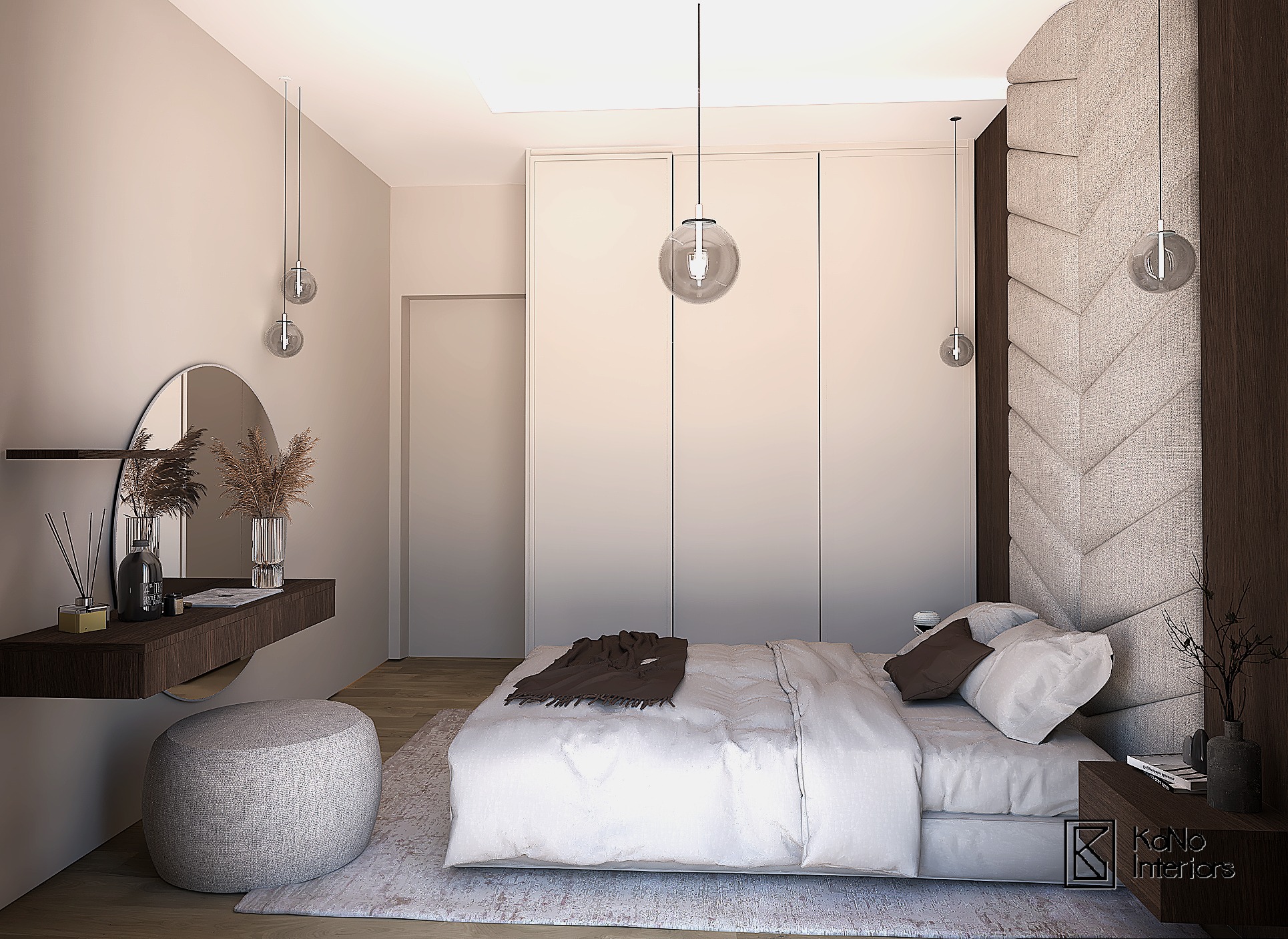 Neutralna sypialnia z łóżkiem, szafą i toaletką. Dekoracyjne lampy wiszące, teksturowany zagłówek i okrągłe lustro dodają elegancji. Stonowana kolorystyka.