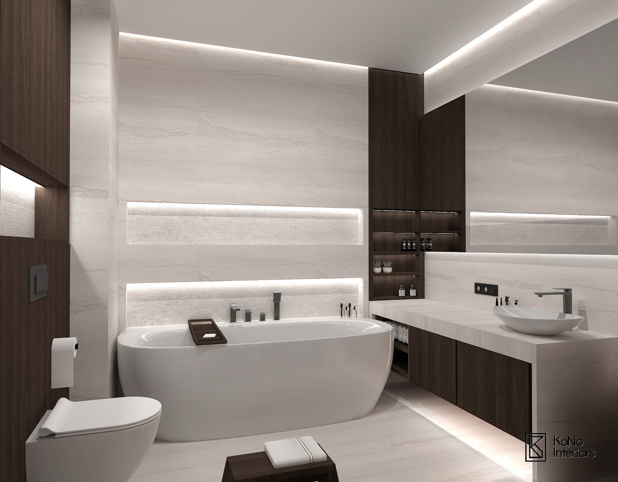 Nowoczesna łazienka z podświetleniem LED: wanna wolnostojąca, umywalka nablatowa, drewniane szafki i marmurowe płytki. Minimalistyczny design z akcentami drewna.