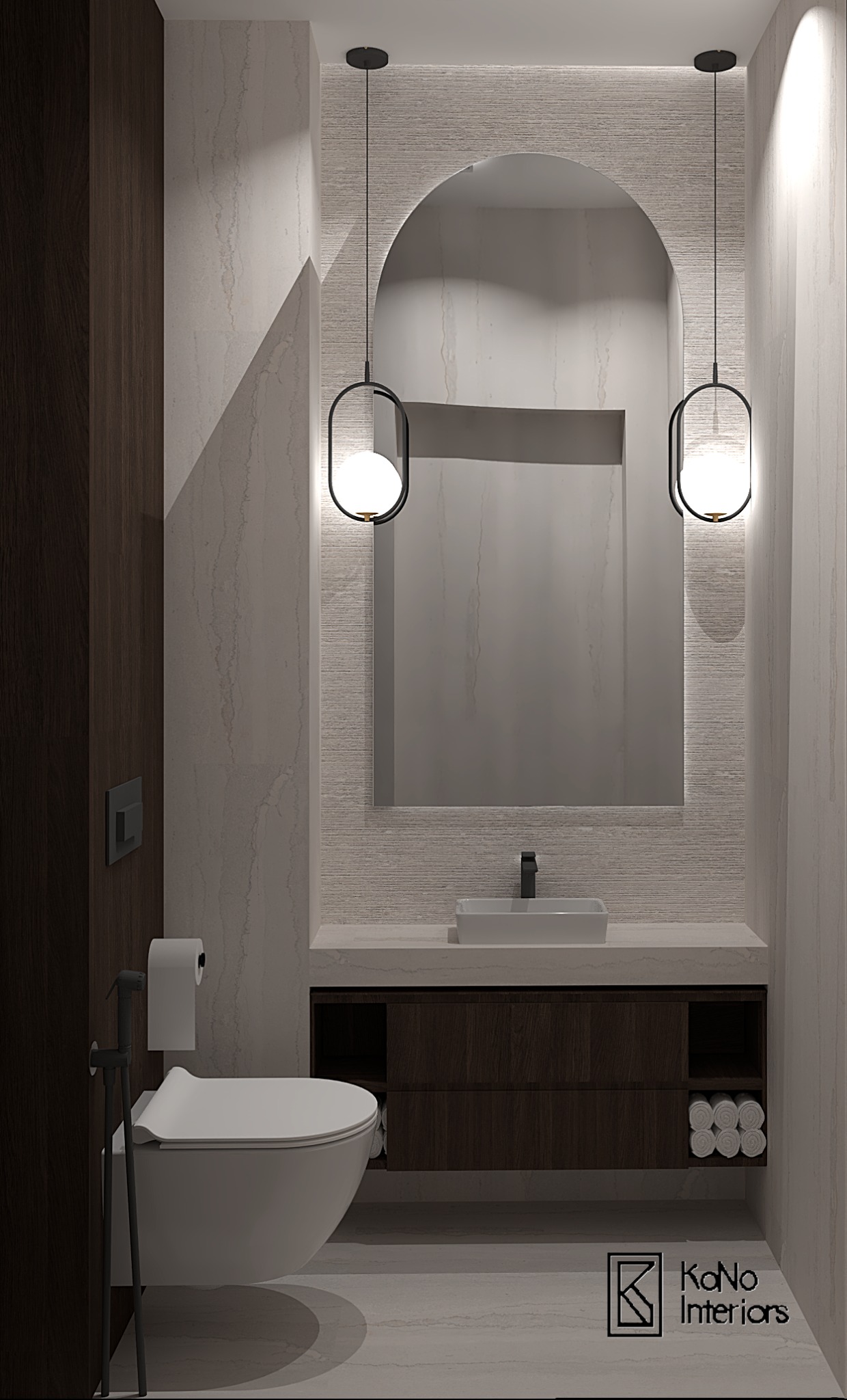 Nowoczesna łazienka z umywalką, toaletą i lustrem w kształcie łuku, oświetlona wiszącymi lampami. Minimalistyczny design z drewnianymi akcentami i marmurowym wykończeniem.