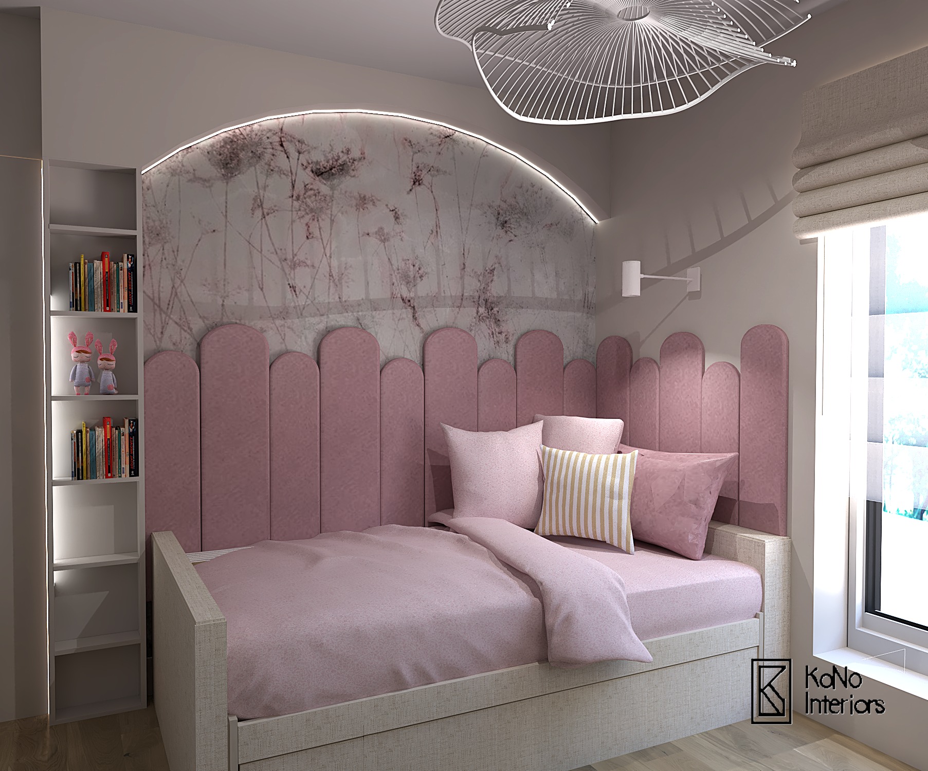 Pokój dziecięcy w Bilczy z łóżkiem z różowym zagłówkiem, tapetą w kwiaty i designerską lampą sufitową. Nowoczesny styl, oświetlenie LED.