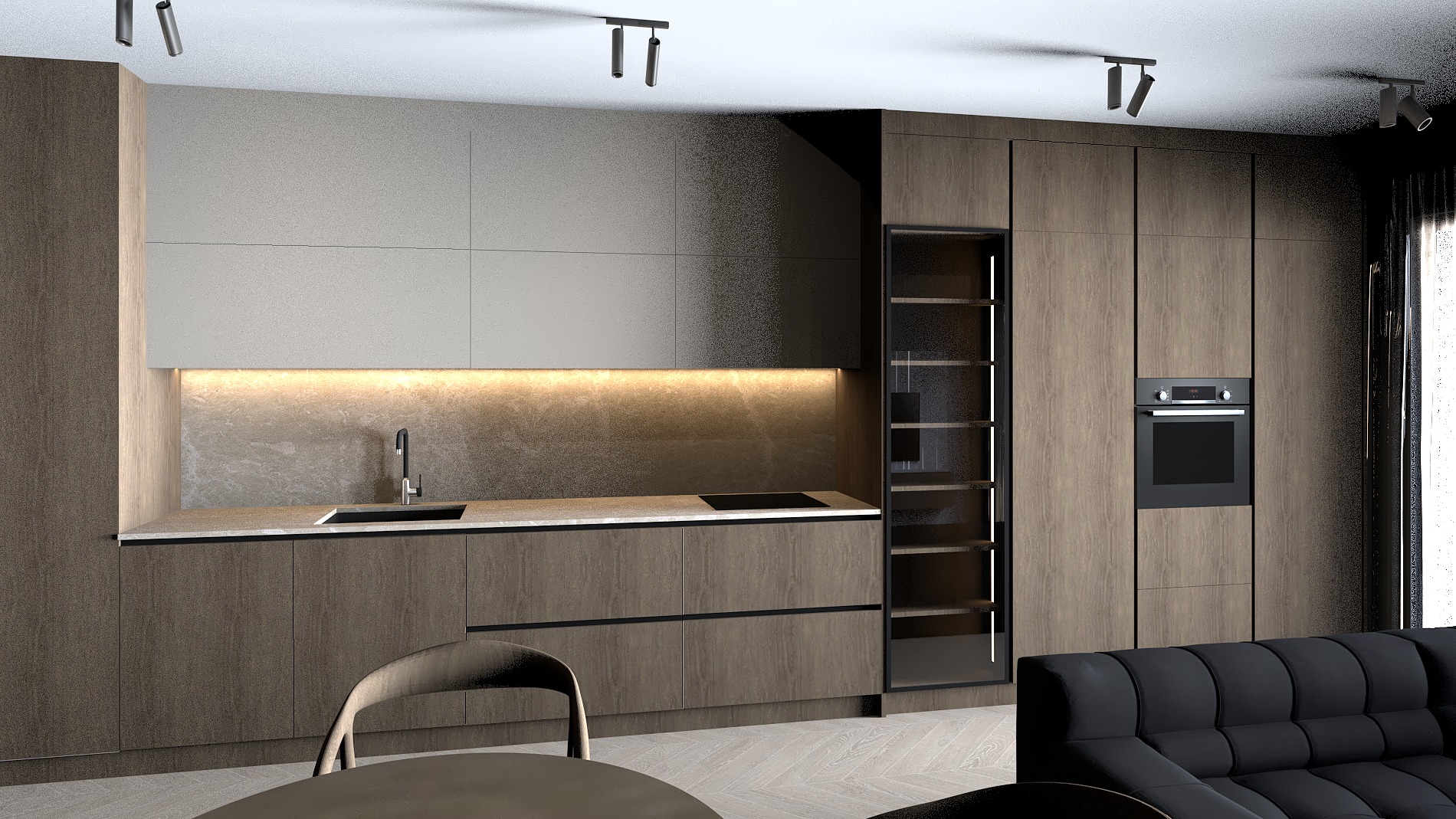 Nowoczesna kuchnia z drewnianymi szafkami, podświetlanym blatem i czarnym piekarnikiem w zabudowie. Minimalistyczny design z elementami szarości i czerni.