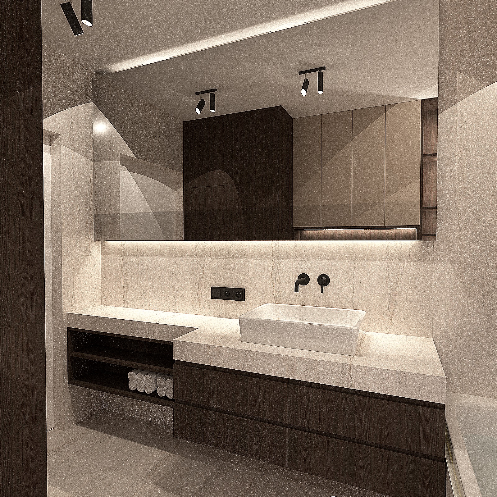 Nowoczesna łazienka z umywalką nablatową, ciemnymi szafkami i dużym lustrem z podświetleniem LED. Minimalistyczne baterie i oświetlenie punktowe.