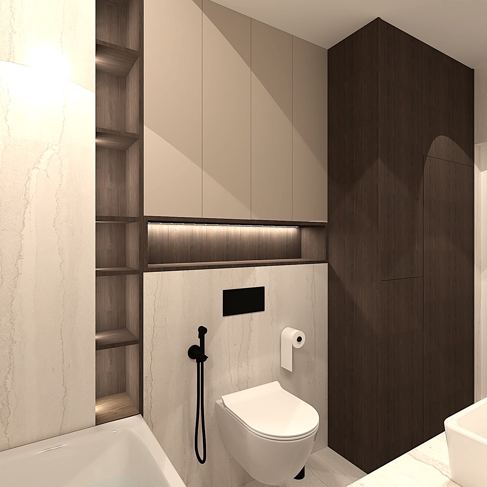 Nowoczesna łazienka z podwieszaną toaletą, bidetką w kolorze czarnym, szafkami w odcieniach beżu i brązu oraz oświetleniem LED. Minimalistyczny design.