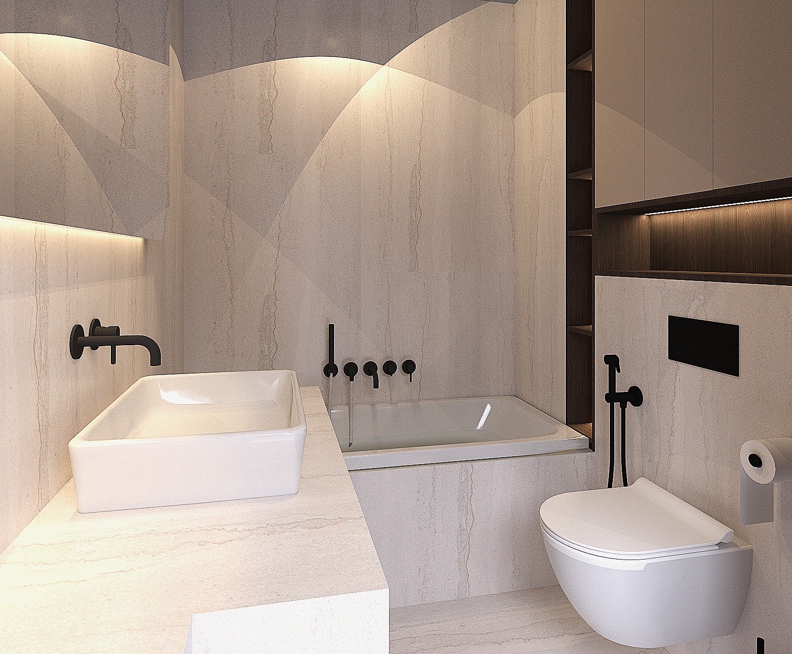 Elegancka łazienka z beżowymi płytkami imitującymi marmur, czarną armaturą i podświetleniem LED. Umywalka nablatowa, wanna i toaleta w minimalistycznym stylu.
