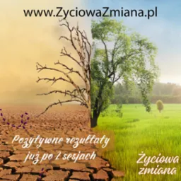 Grafika przedstawia metamorfozę: po lewej wyschnięta ziemia i uschnięte drzewo, po prawej zielona trawa i bujne drzewo. Napis: Pozytywne rezultaty już po 2 sesjach.