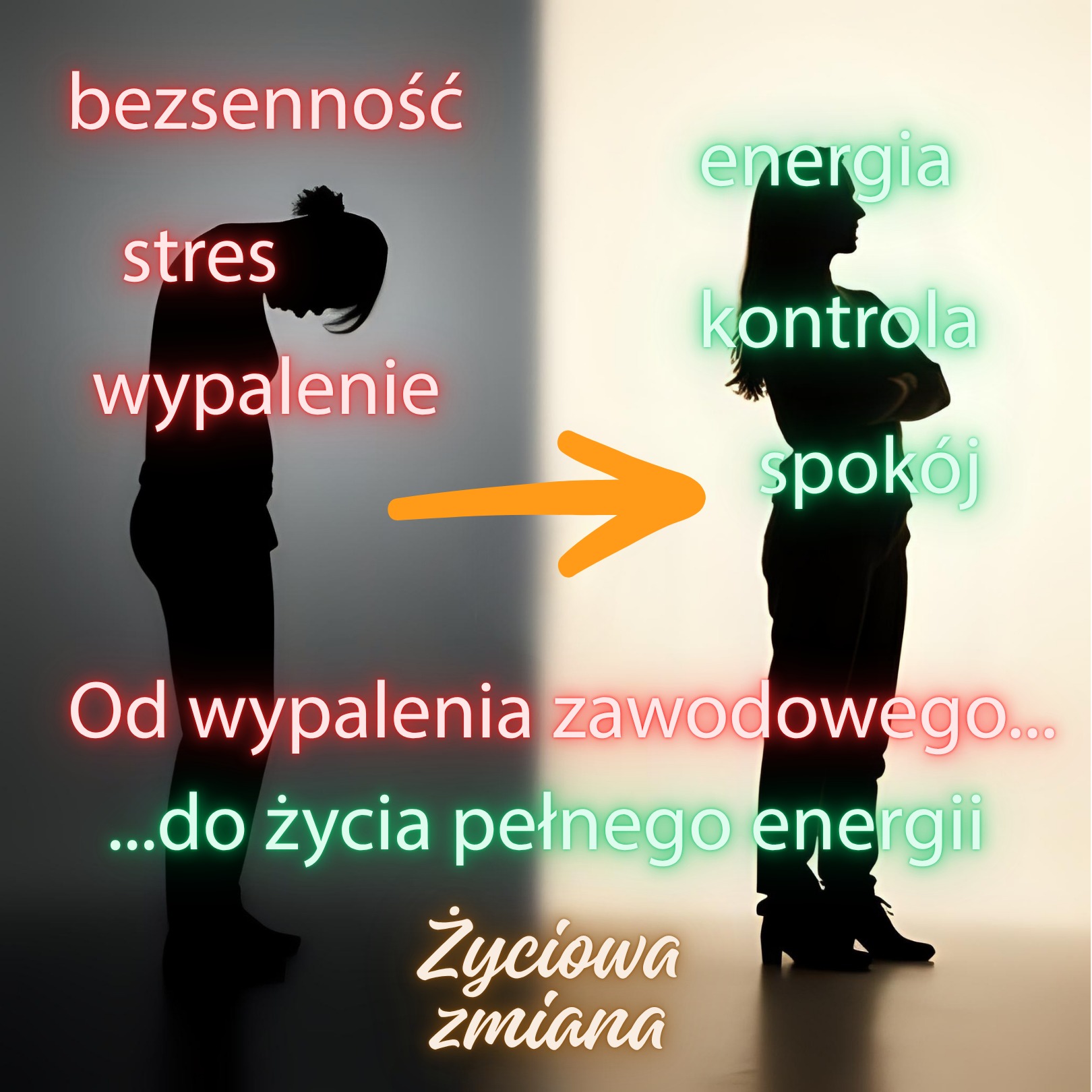 Sylwetka kobiety przed i po zmianie: od stresu i wypalenia do energii i spokoju. Grafika z neonowymi napisami, strzałka symbolizująca transformację.