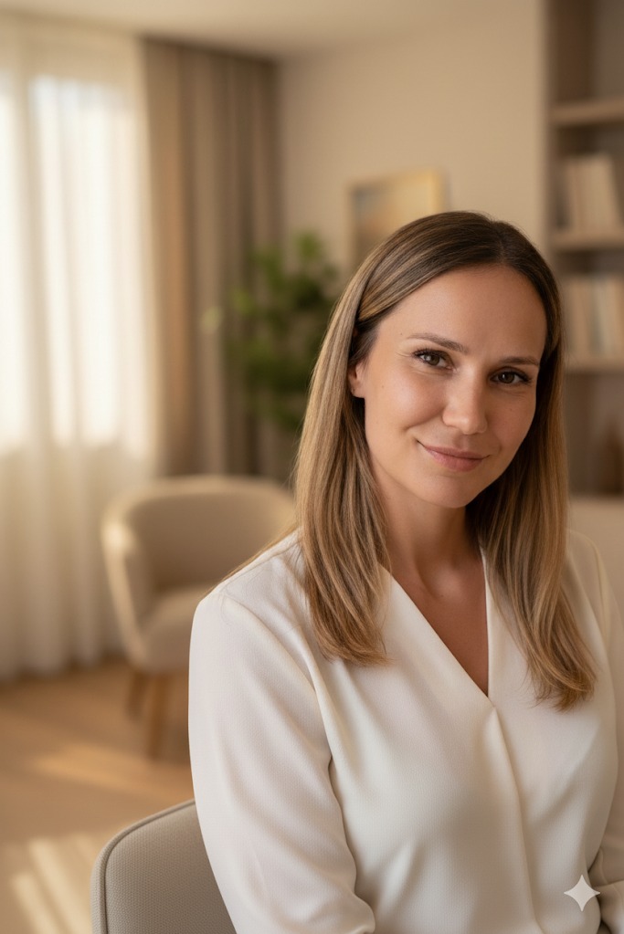 Portret uśmiechniętej kobiety w jasnej bluzce na tle jasnego pokoju z rośliną i regałem. Profesjonalny wizerunek terapeuty w gabinecie.