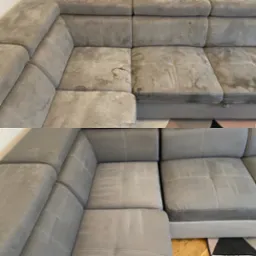 Szara narożna kanapa: g&oacute;rna połowa pokazuje zabrudzenia, dolna - efekt po praniu. Widoczne r&oacute;żnice w czystości tapicerki.