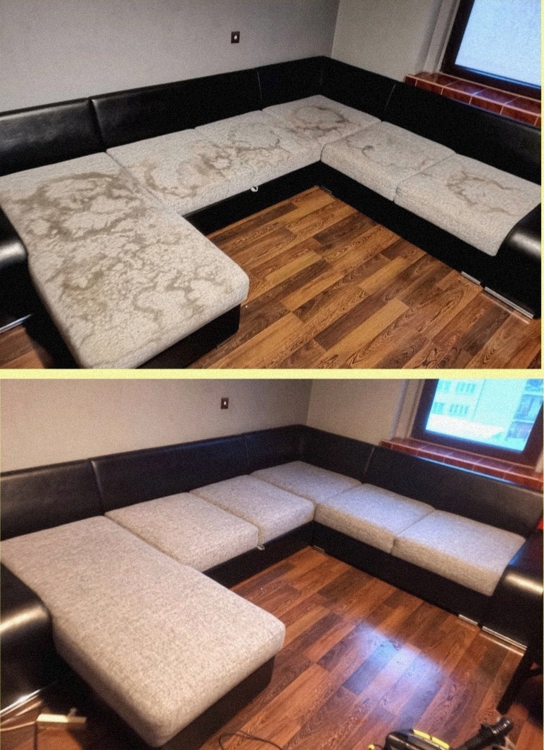 Zdjęcie przed i po czyszczeniu narożnika z jasną tapicerką. Widoczne plamy przed i czysta powierzchnia po zabiegu. Drewniana podłoga i fragment okna w tle.