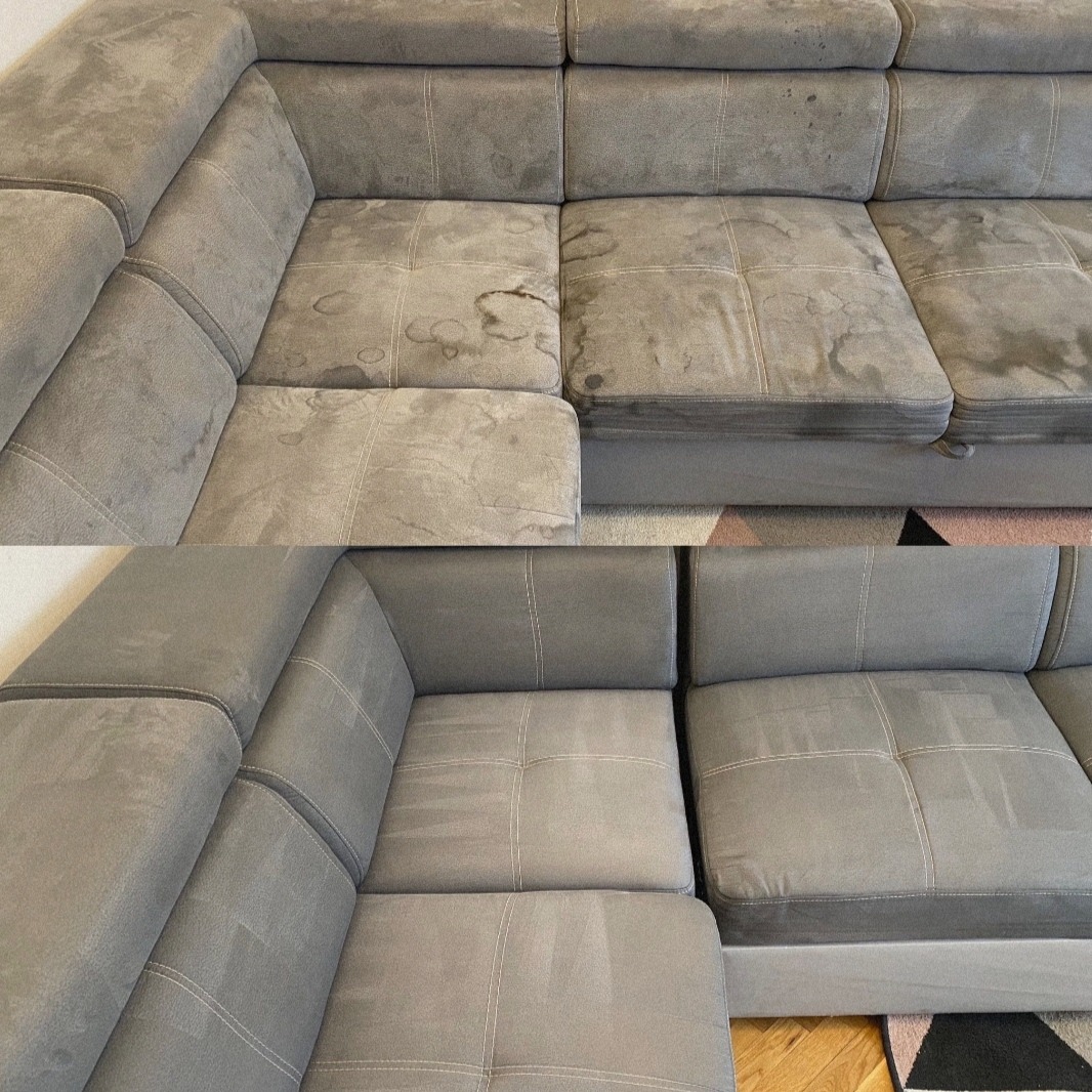 Szara narożna kanapa: górna połowa pokazuje zabrudzenia, dolna - efekt po praniu. Widoczne różnice w czystości tapicerki.