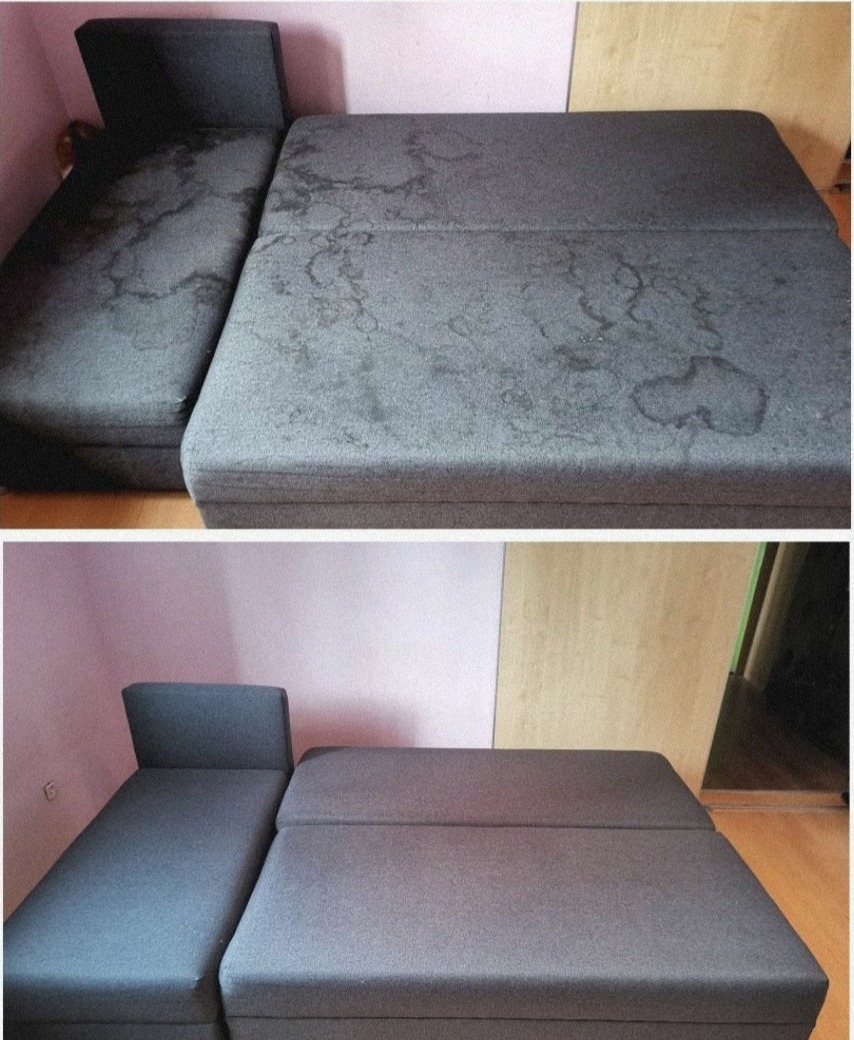 Zdjęcie 'przed i po' przedstawia czyszczenie szarej sofy. Widoczne plamy na tapicerce zniknęły po profesjonalnym praniu, ukazując odświeżony wygląd i jednolitą barwę.