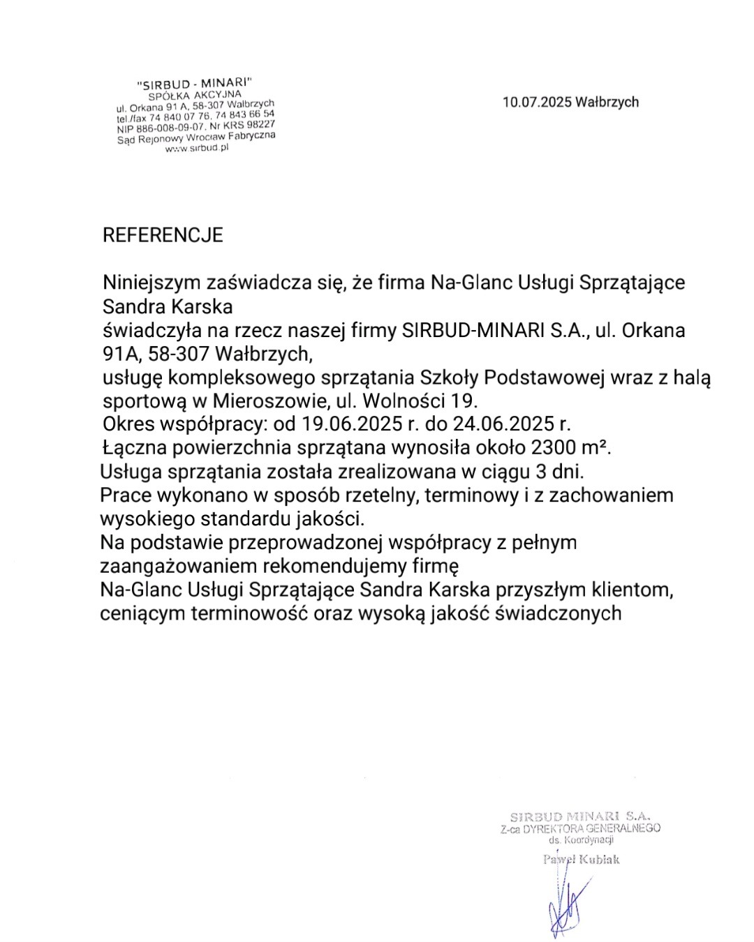 Referencje dla firmy sprzątającej Na-Glanc Usługi Sandra Karska, zaświadczające o kompleksowym sprzątaniu szkoły i hali sportowej w Wałbrzychu, z datą 10.07.2025.