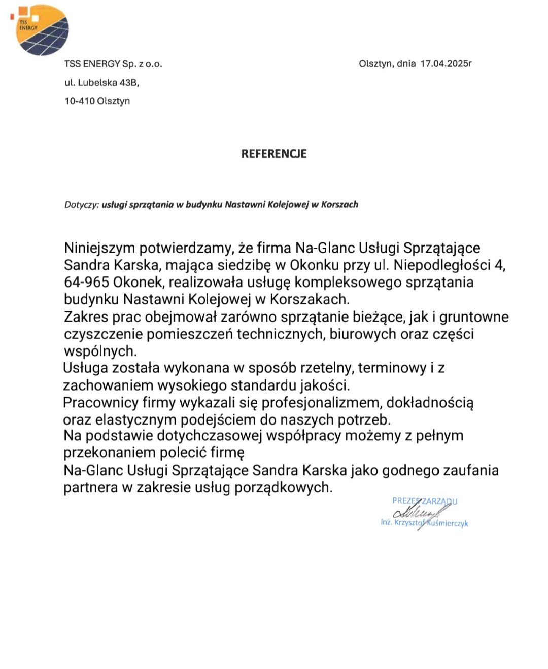 Referencje dla Na-Glanc Usługi Sprzątające z Okonka za sprzątanie budynku Nastawni Kolejowej w Korszach. Potwierdzenie wysokiej jakości i profesjonalizmu.