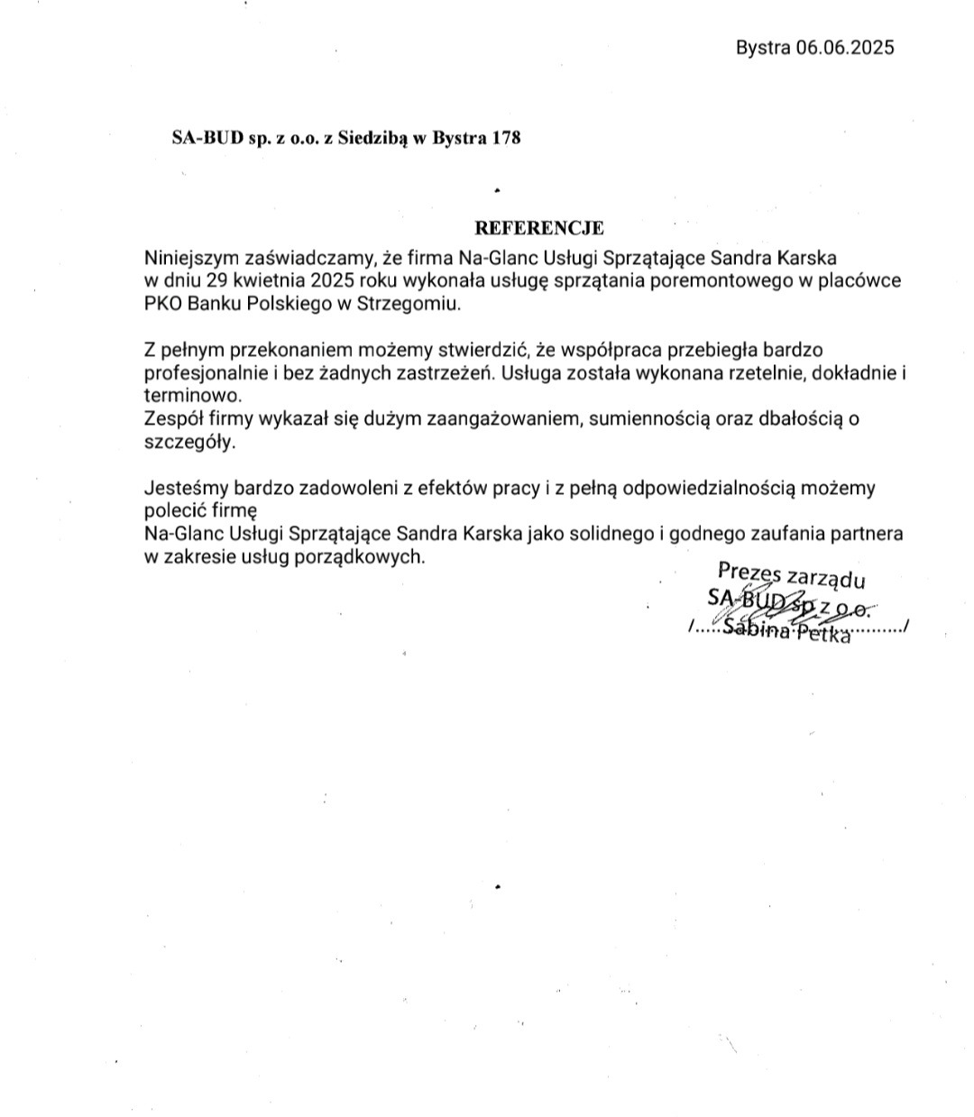 Referencje dla firmy sprzątającej Na-Glanc Usługi Sandra Karska za sprzątanie poremontowe w placówce PKO Banku Polskiego w Strzegomiu, wystawione przez SA-BUD sp. z o.o.