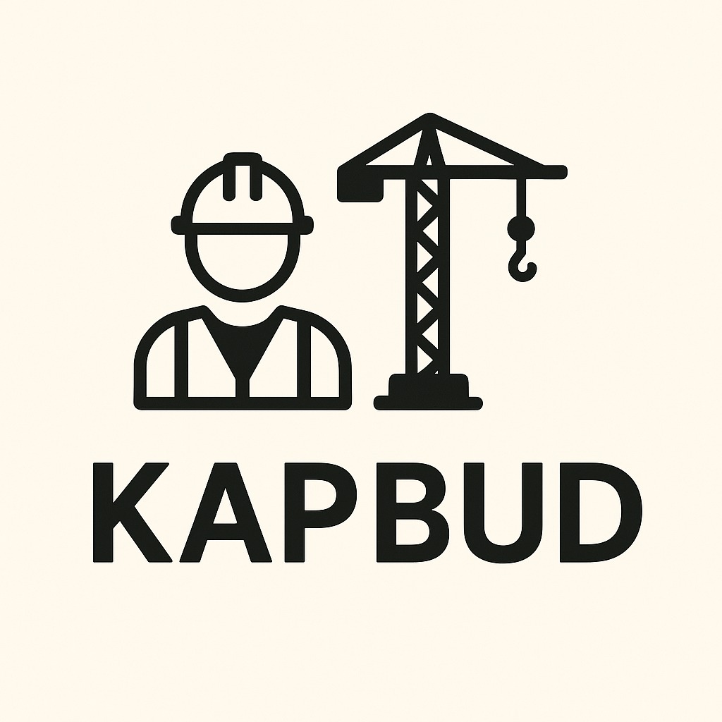 Minimalistyczny logotyp firmy budowlanej: sylwetka pracownika w kasku, dźwig budowlany i nazwa 'KAPBUD' w czerni na jasnym tle.