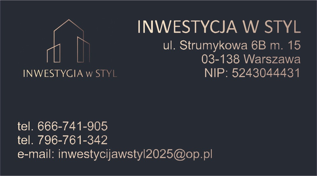 Wizytówka firmy 'Inwestycja w Styl' z minimalistycznym logo przedstawiającym budynki, adres, numery telefonów i adres e-mail na ciemnym tle.