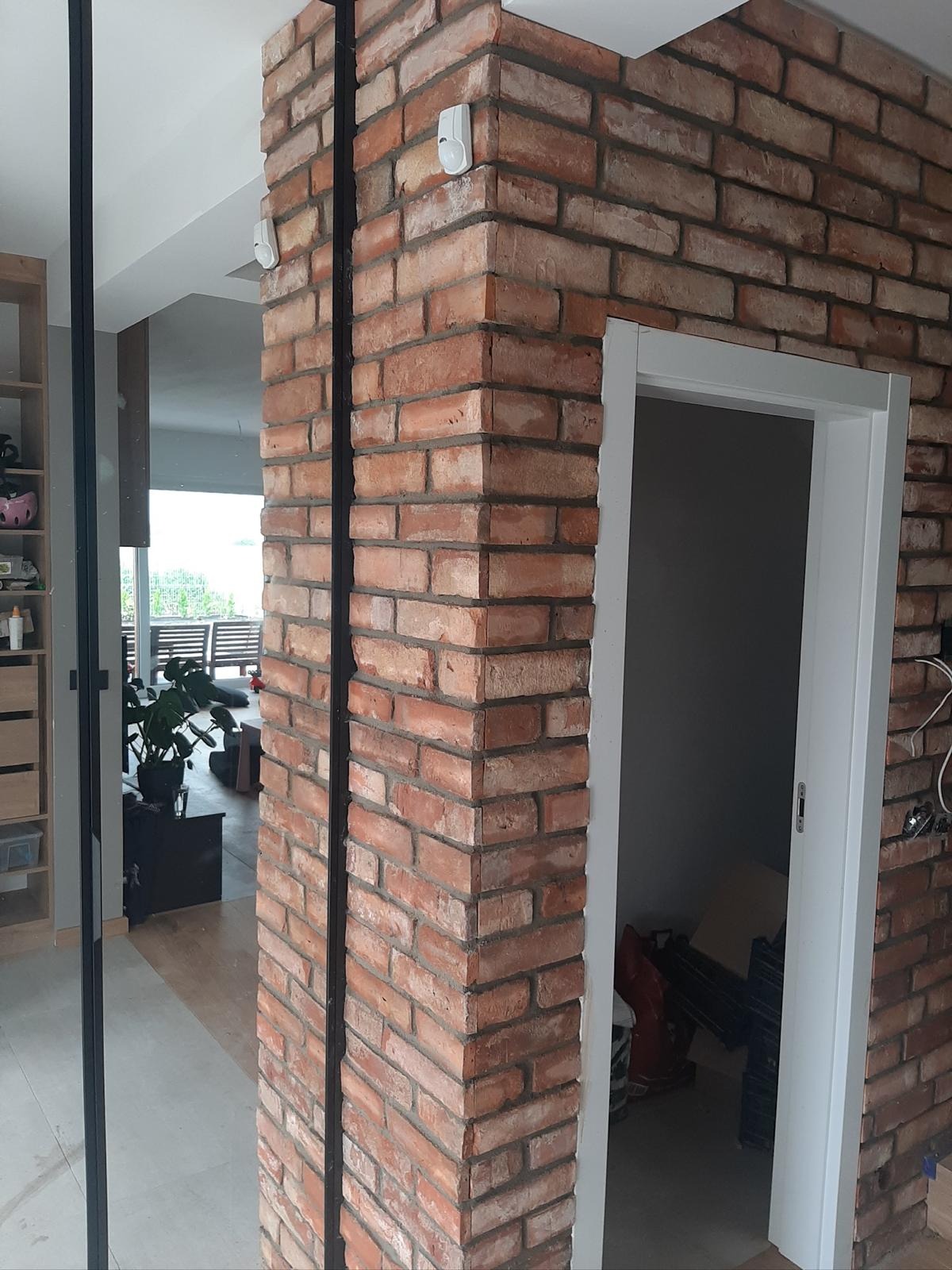 Ściana z cegły klinkierowej z widoczną fugą, fragment futryny drzwiowej i czarna listwa pionowa. W tle widoczne wnętrze domu z roślinami.