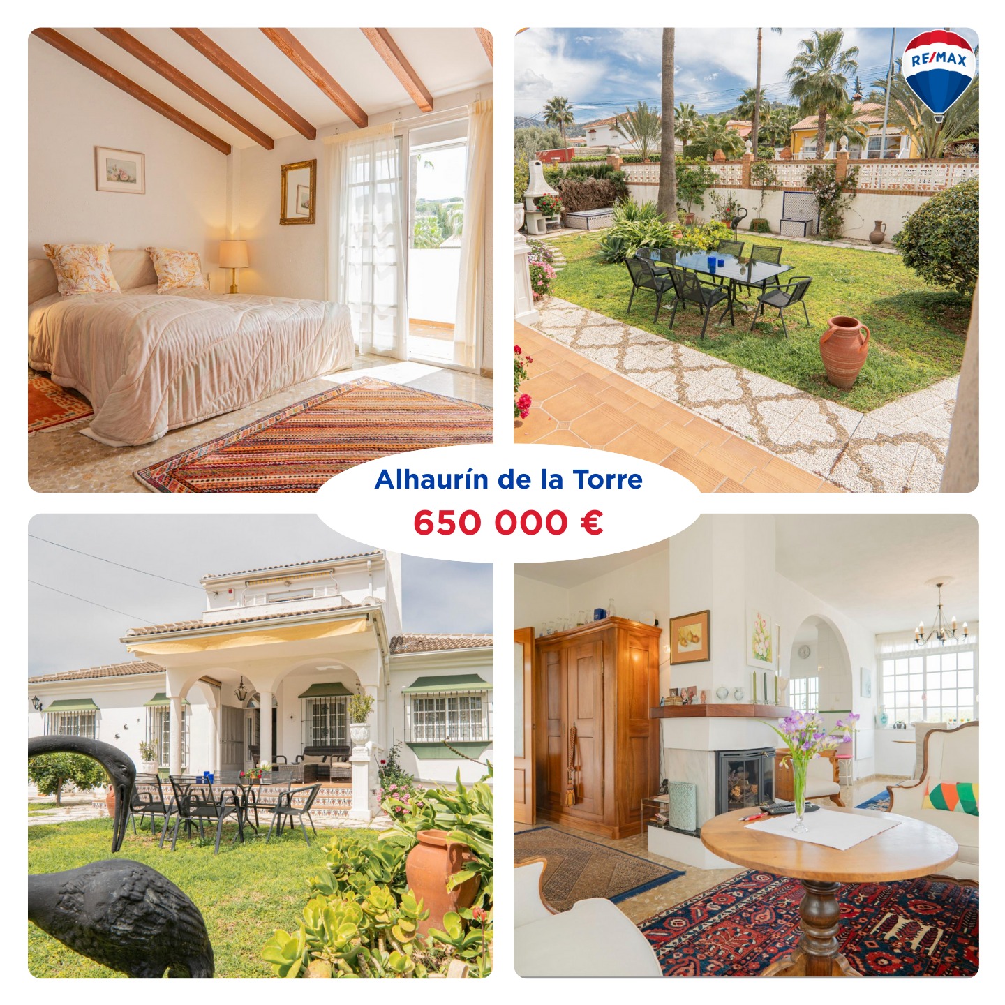Kompozycja czterech kadrów: sypialnia z balkonem, ogród z palmami, willa z tarasem i rzeźbą ptaka, salon z kominkiem i kwiatami. Oferta nieruchomości Alhaurín de la Torre.