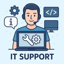 Ilustracja: Osoba z zestawem słuchawkowym, ikony narzędzi i kodu, laptop z symbolem klucza i koła zębatego, napis IT Support. Grafika w odcieniach niebieskiego.