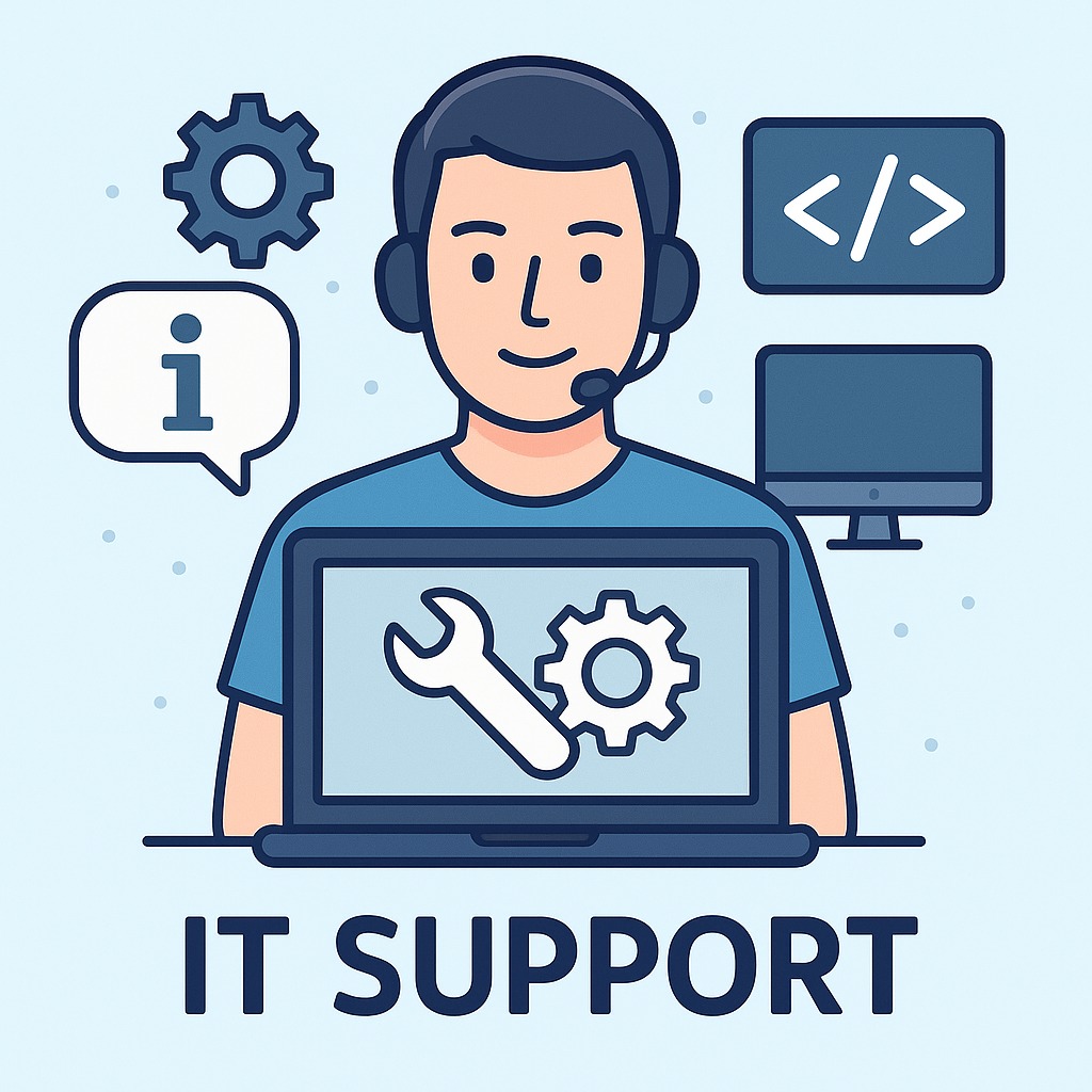 Ilustracja: Osoba z zestawem słuchawkowym, ikony narzędzi i kodu, laptop z symbolem klucza i koła zębatego, napis IT Support. Grafika w odcieniach niebieskiego.