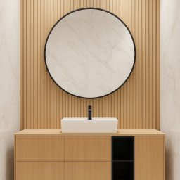 DANIEL KOPIEC DEKA FURNITURE - Nowoczesna łazienka z drewnianą szafką pod umywalką, okrągłym lustrem i panelami ściennymi. Minimalistyczny design i jasna kolorystyka.