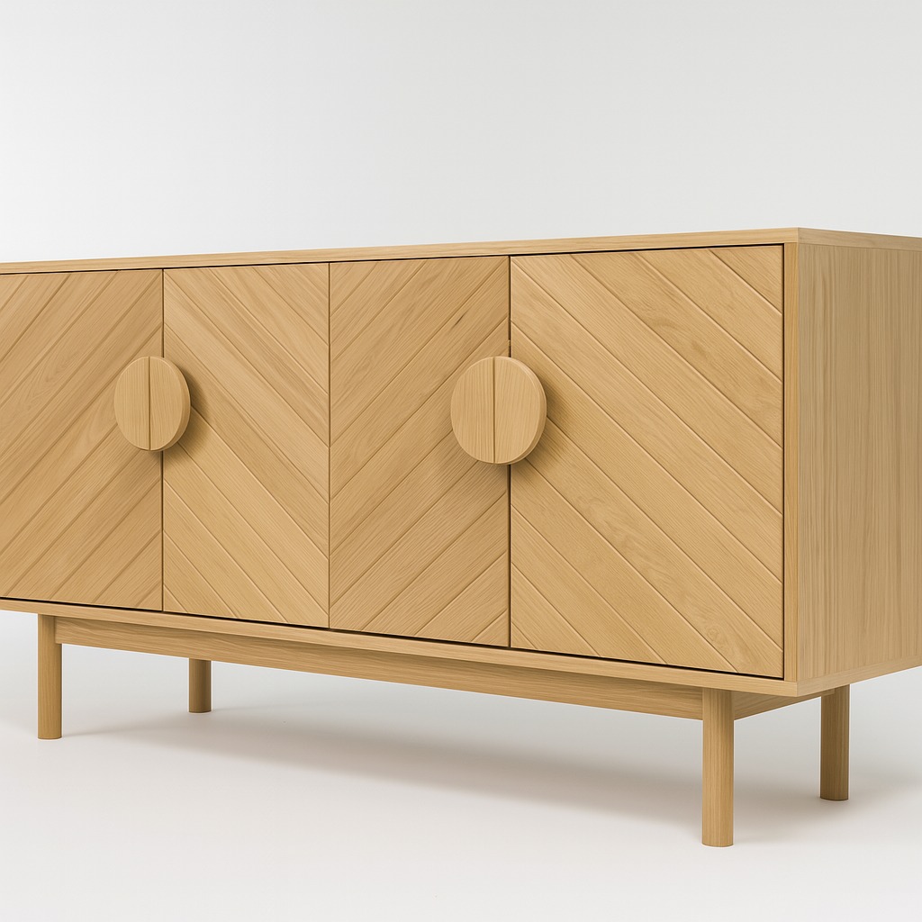 Nowoczesna komoda z jasnego drewna z chevronowym wzorem na frontach i okrągłymi uchwytami, ustawiona na niskich nóżkach, na białym tle.