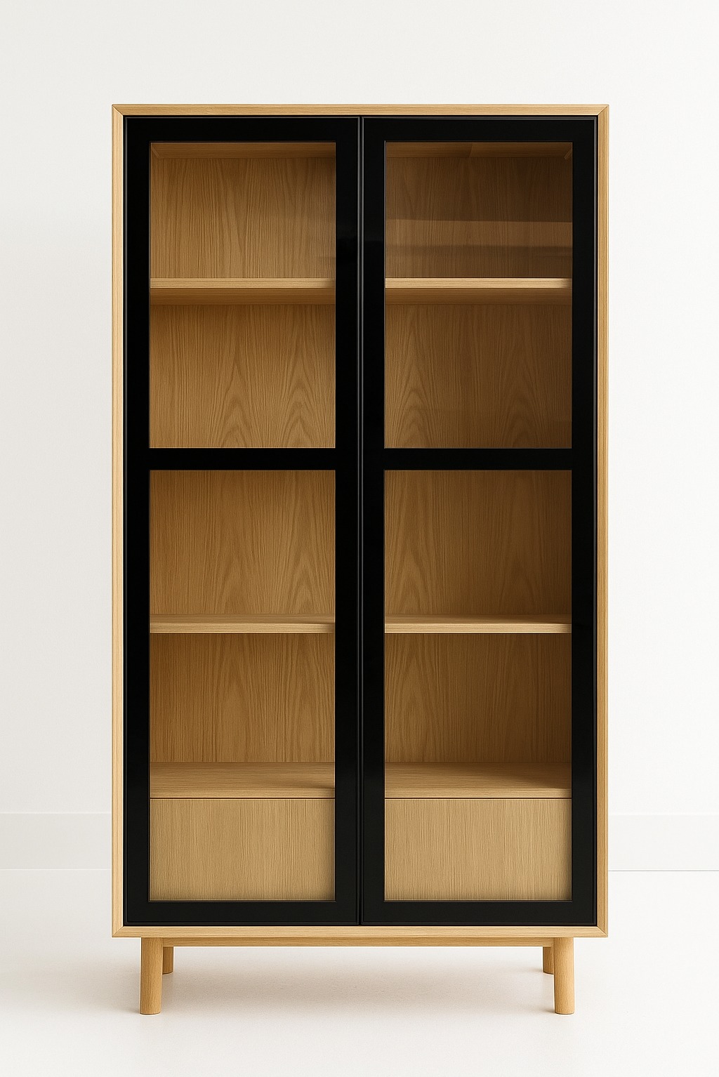 Drewniana witryna z czarnymi, przeszklonymi drzwiami, ukazująca półki i dolną szafkę, stoi na krótkich nóżkach, na tle białej ściany i podłogi.